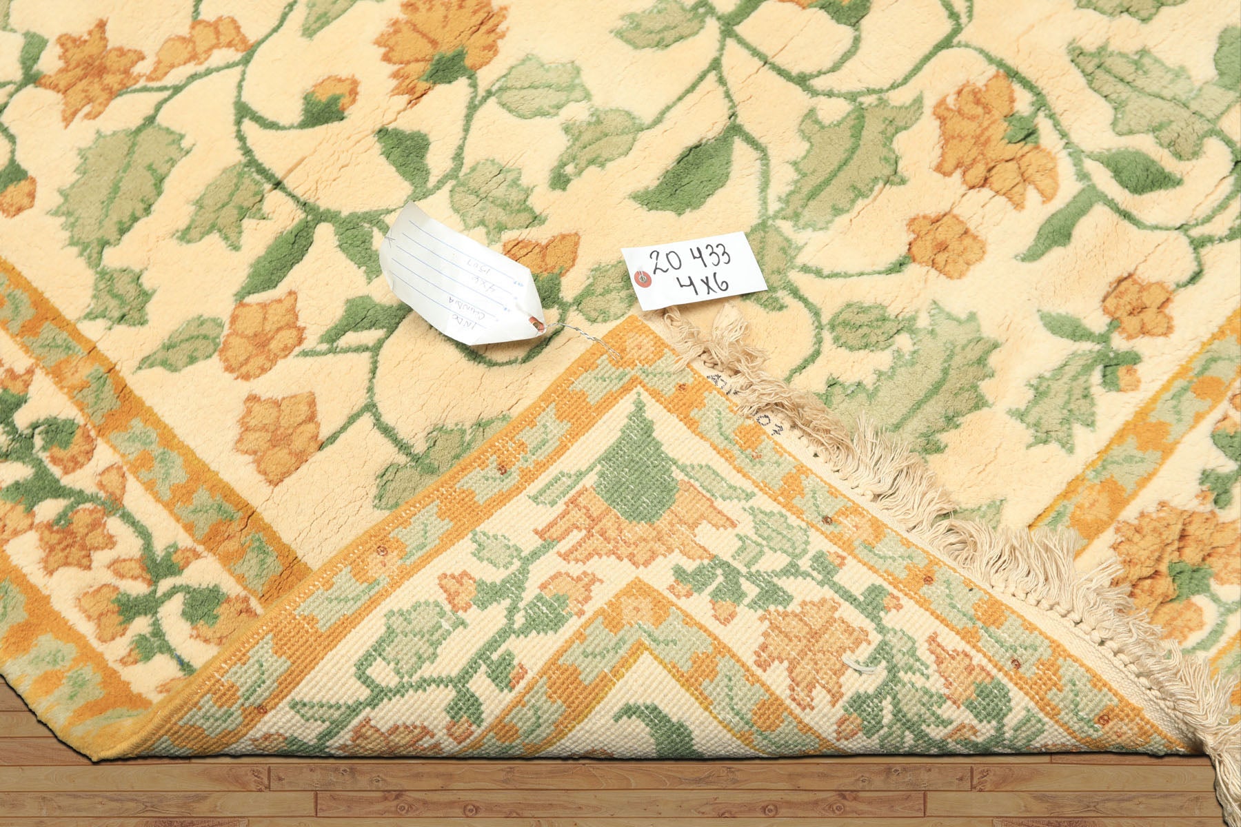 4x6 Ivory, Gold, Green Color Hand Knotted French Aubusson savonnerie Wool Traditional Oriental Rug