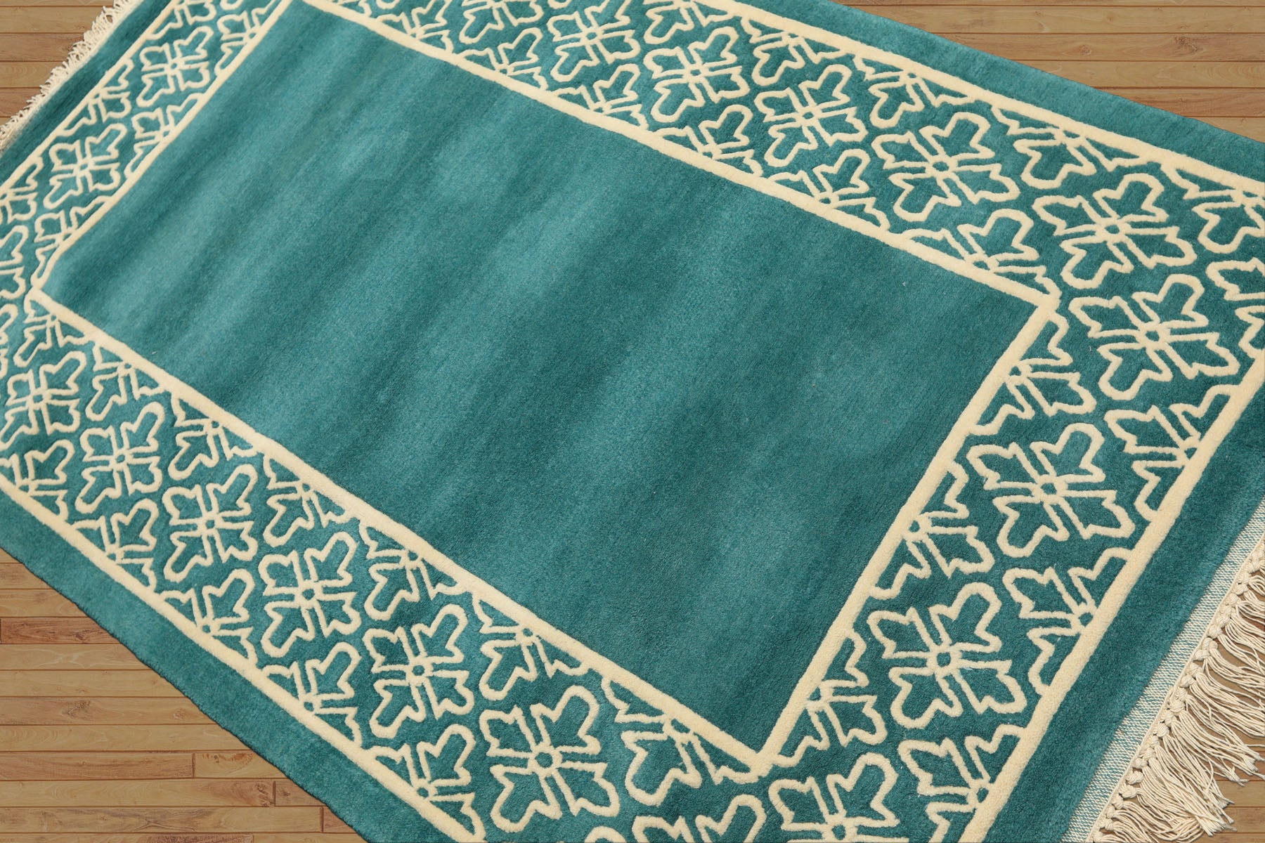 4x6 Turquoise, Ivory, Color Hand Knotted Indo Tibetan Wool Transitional Oriental Rug