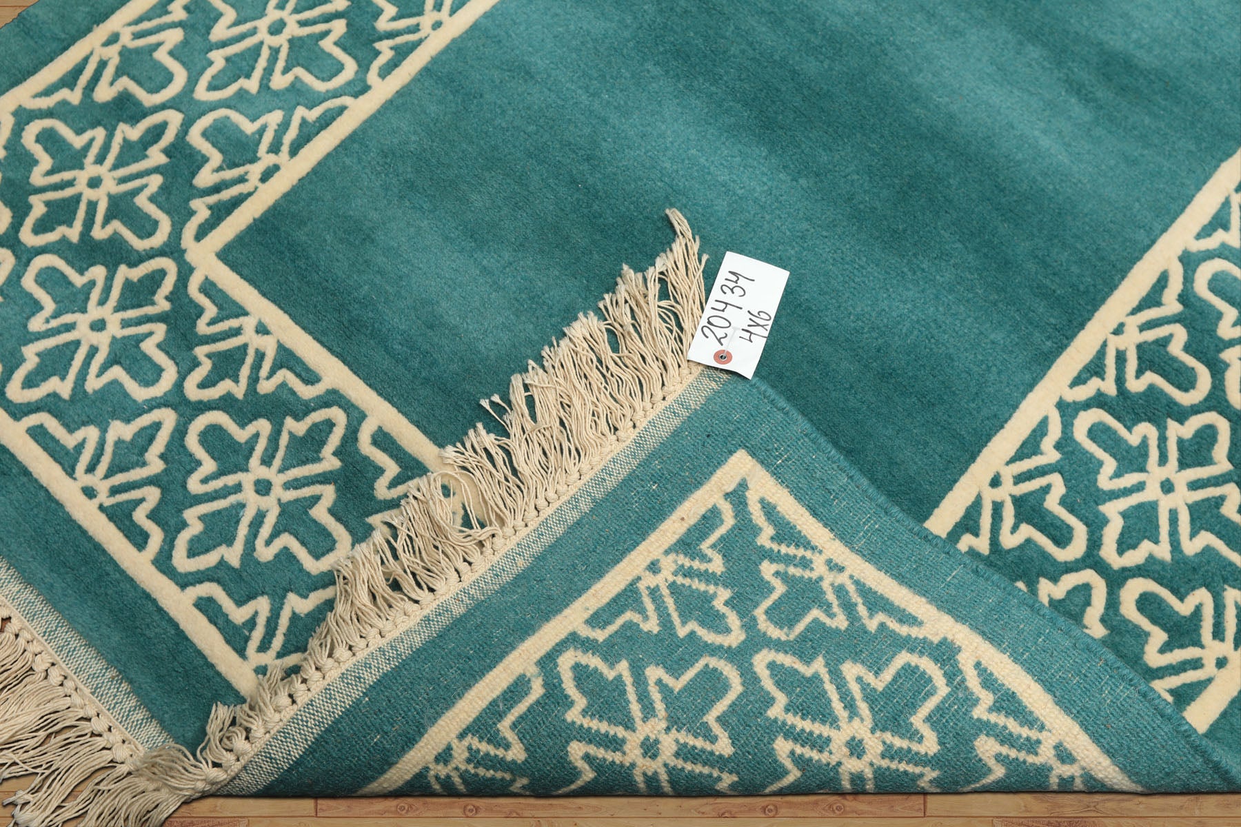 4x6 Turquoise, Ivory, Color Hand Knotted Indo Tibetan Wool Transitional Oriental Rug