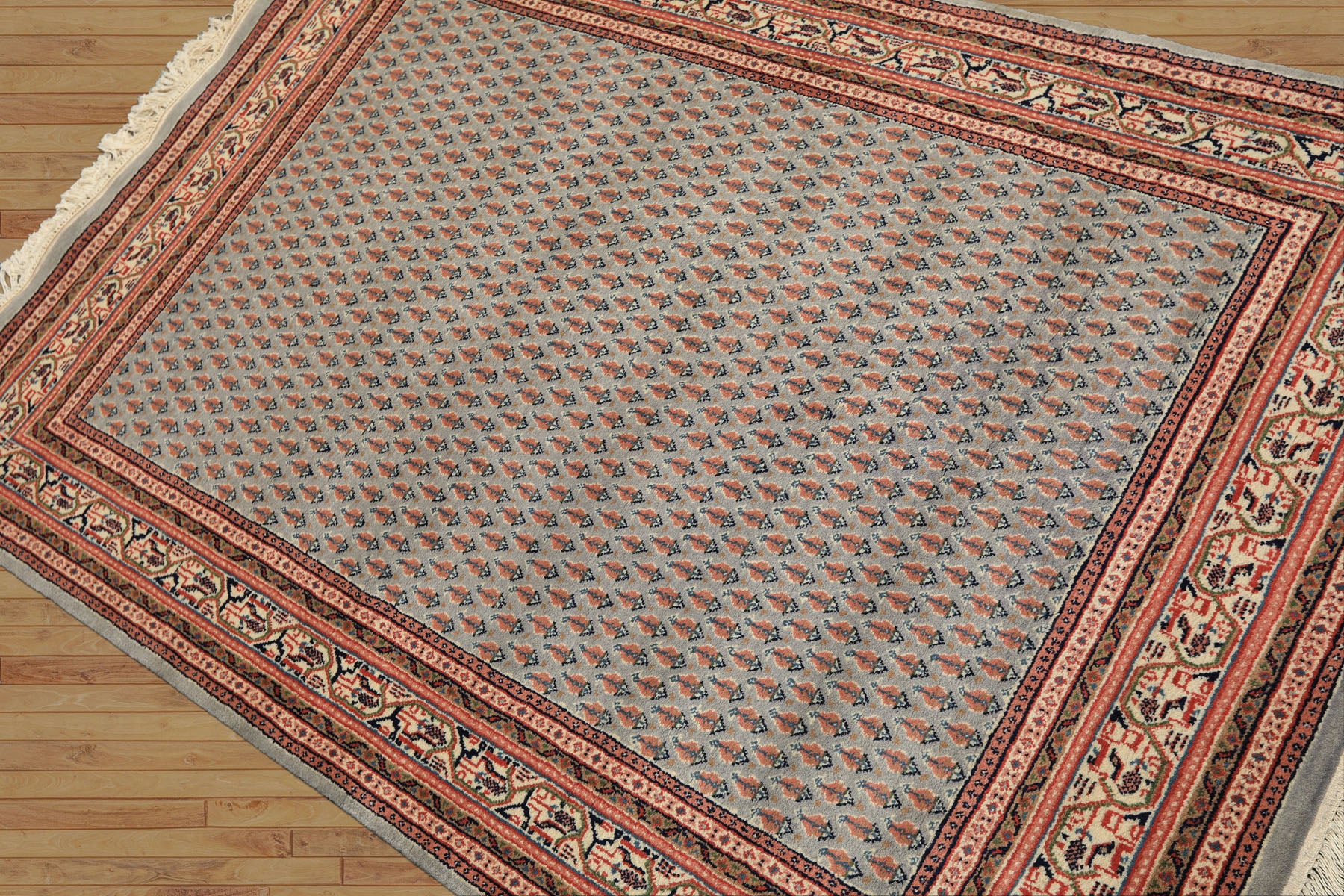 4x6 Slate, Ivory, Rose Color Hand Knotted Boteh Wool Traditional Oriental Rug