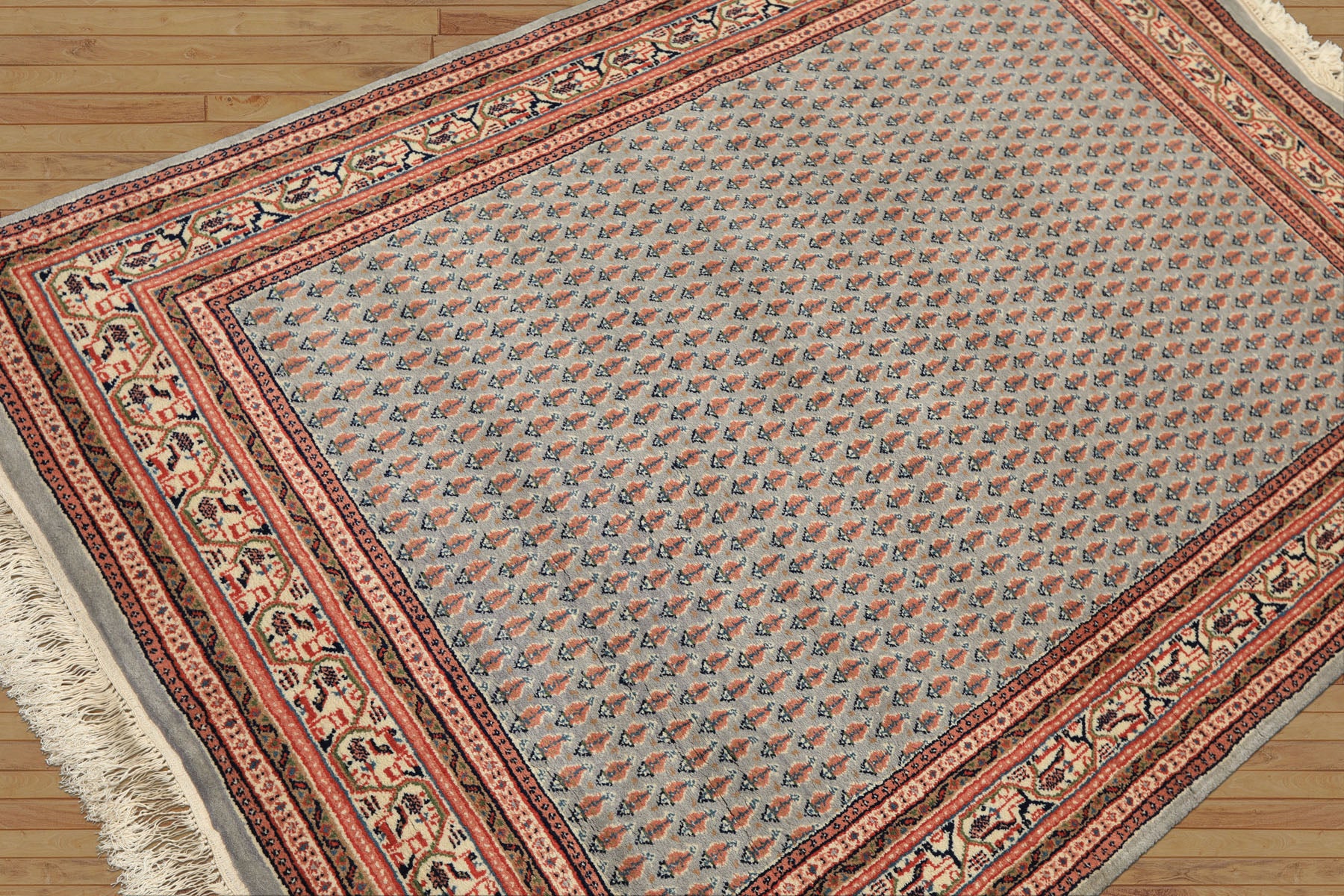 4x6 Slate, Ivory, Rose Color Hand Knotted Boteh Wool Traditional Oriental Rug