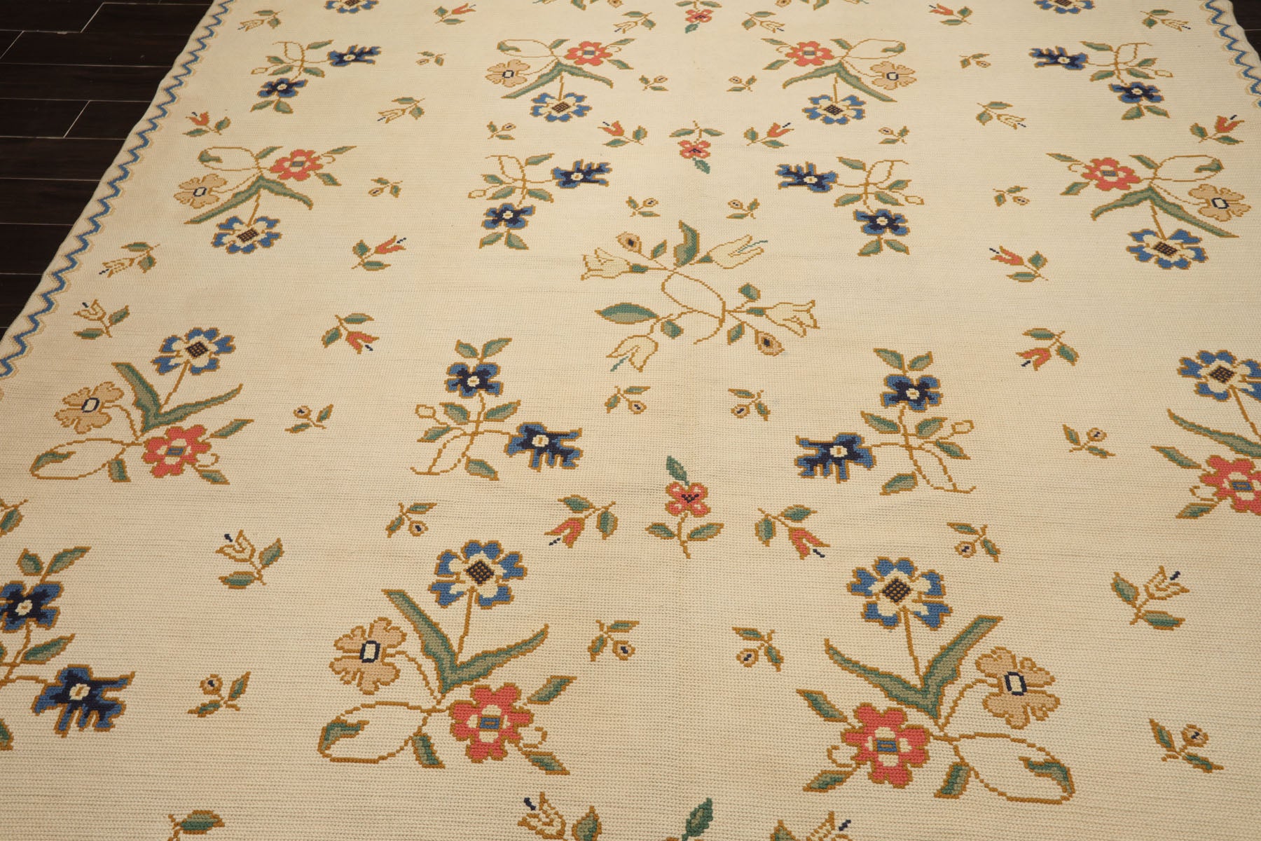 8x10 Ivory, Blue, Green Color Hand Woven Portugese Needlepoint Wool Traditional Oriental Rug