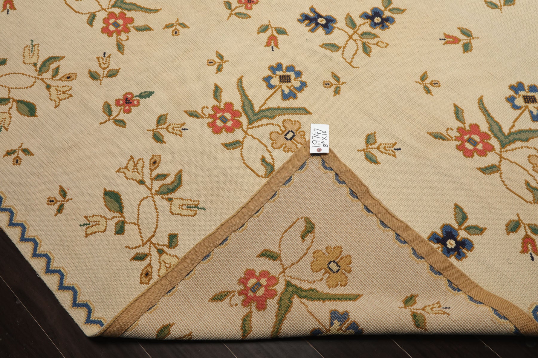 8x10 Ivory, Blue, Green Color Hand Woven Portugese Needlepoint Wool Traditional Oriental Rug