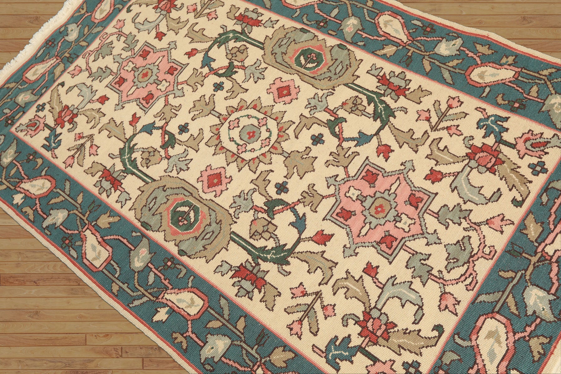 4x6 Ivory, Turquiose, Moss Color Hand Knotted Nourison Nourmak Soumak Wool Traditional Oriental Rug