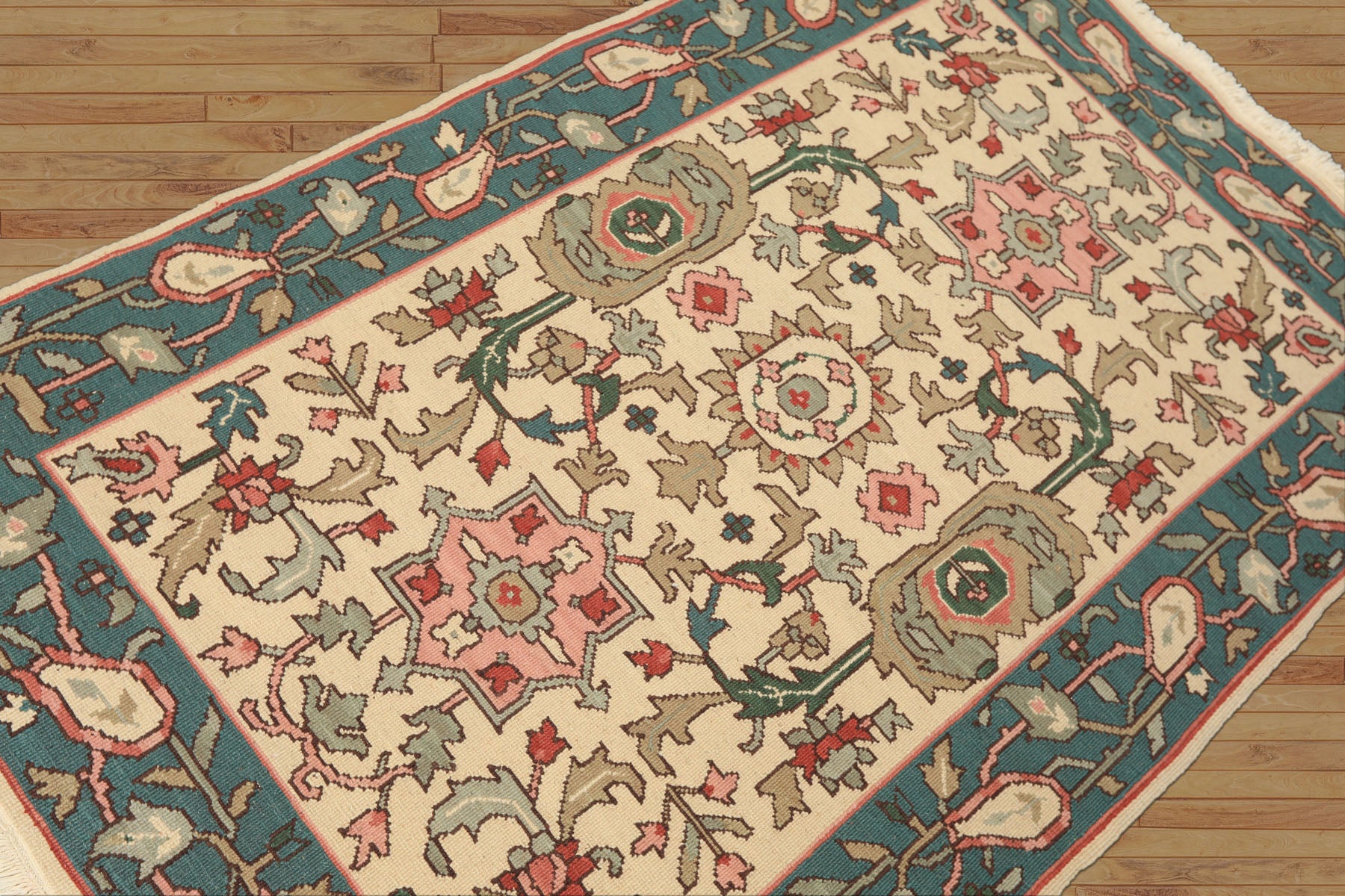 4x6 Ivory, Turquiose, Moss Color Hand Knotted Nourison Nourmak Soumak Wool Traditional Oriental Rug