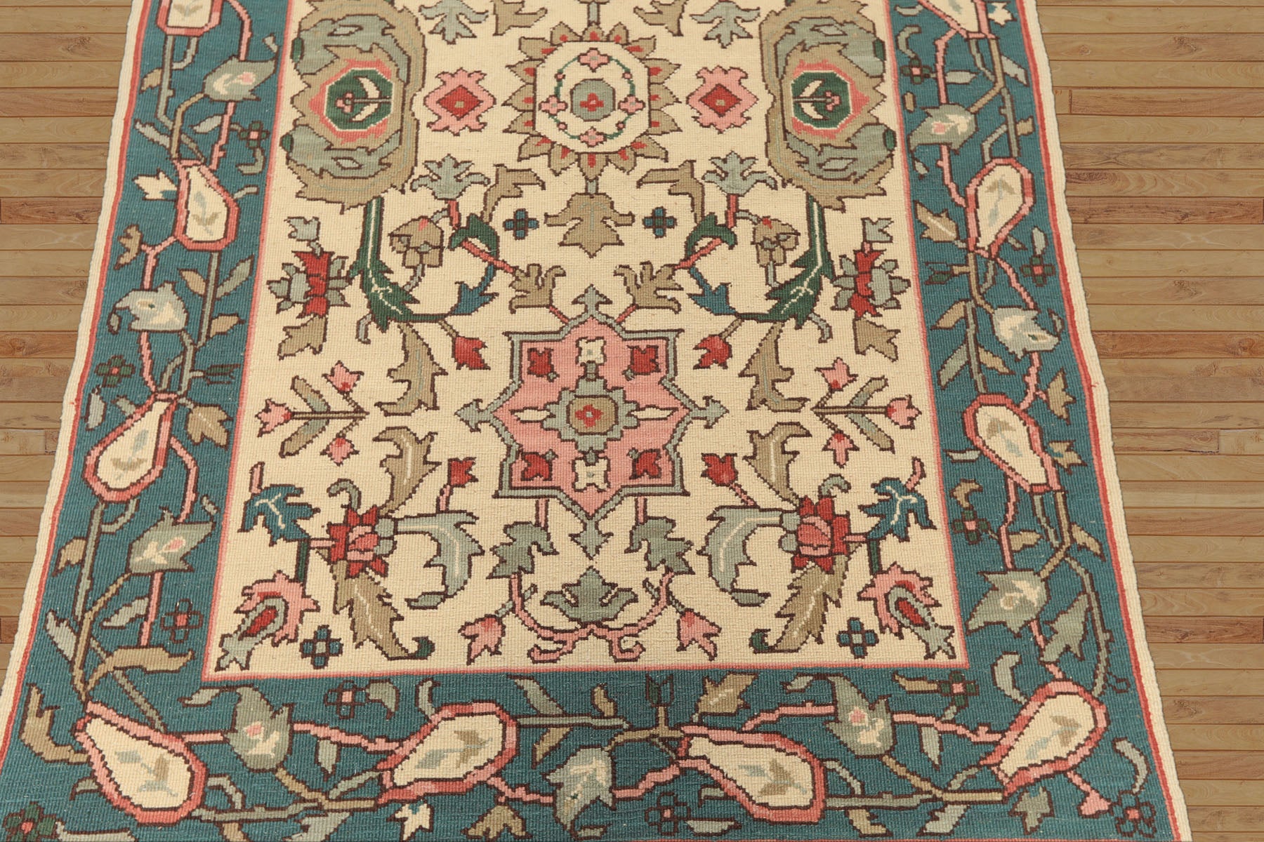 4x6 Ivory, Turquiose, Moss Color Hand Knotted Nourison Nourmak Soumak Wool Traditional Oriental Rug
