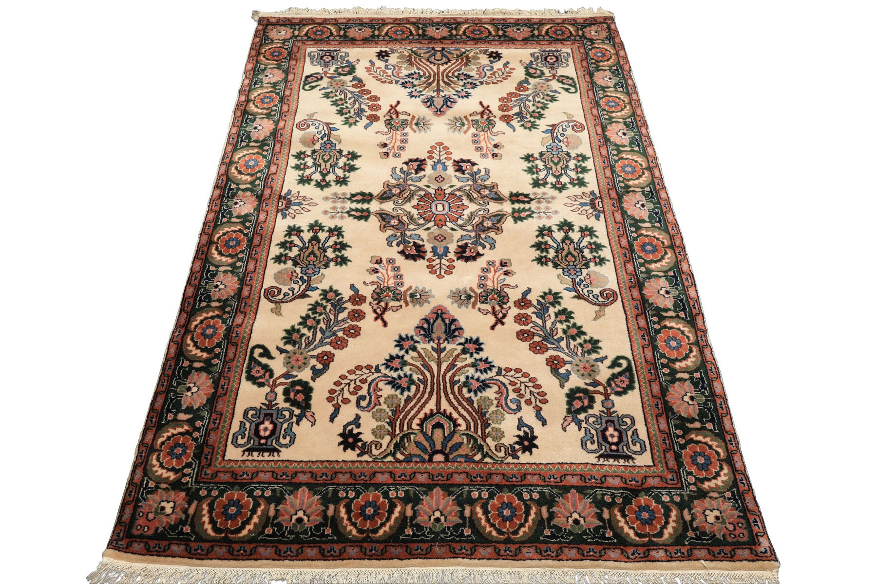 4x6 Ivory, Green, Rose Color Hand Knotted Indo Sarouk New Zealand Wool Traditional Oriental Rug