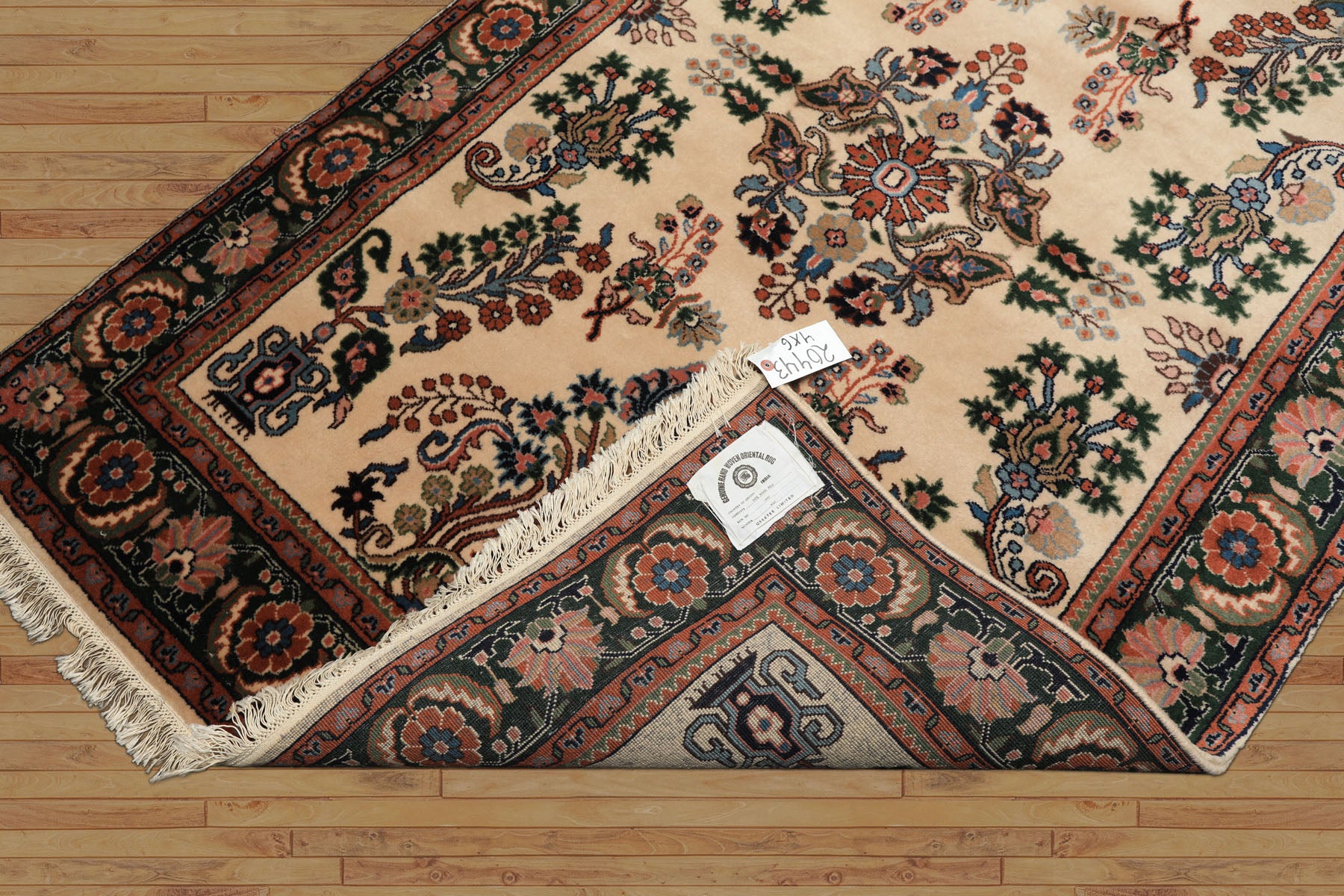 4x6 Ivory, Green, Rose Color Hand Knotted Indo Sarouk New Zealand Wool Traditional Oriental Rug