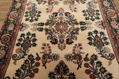 4x6 Ivory, Green, Rose Color Hand Knotted Indo Sarouk New Zealand Wool Traditional Oriental Rug