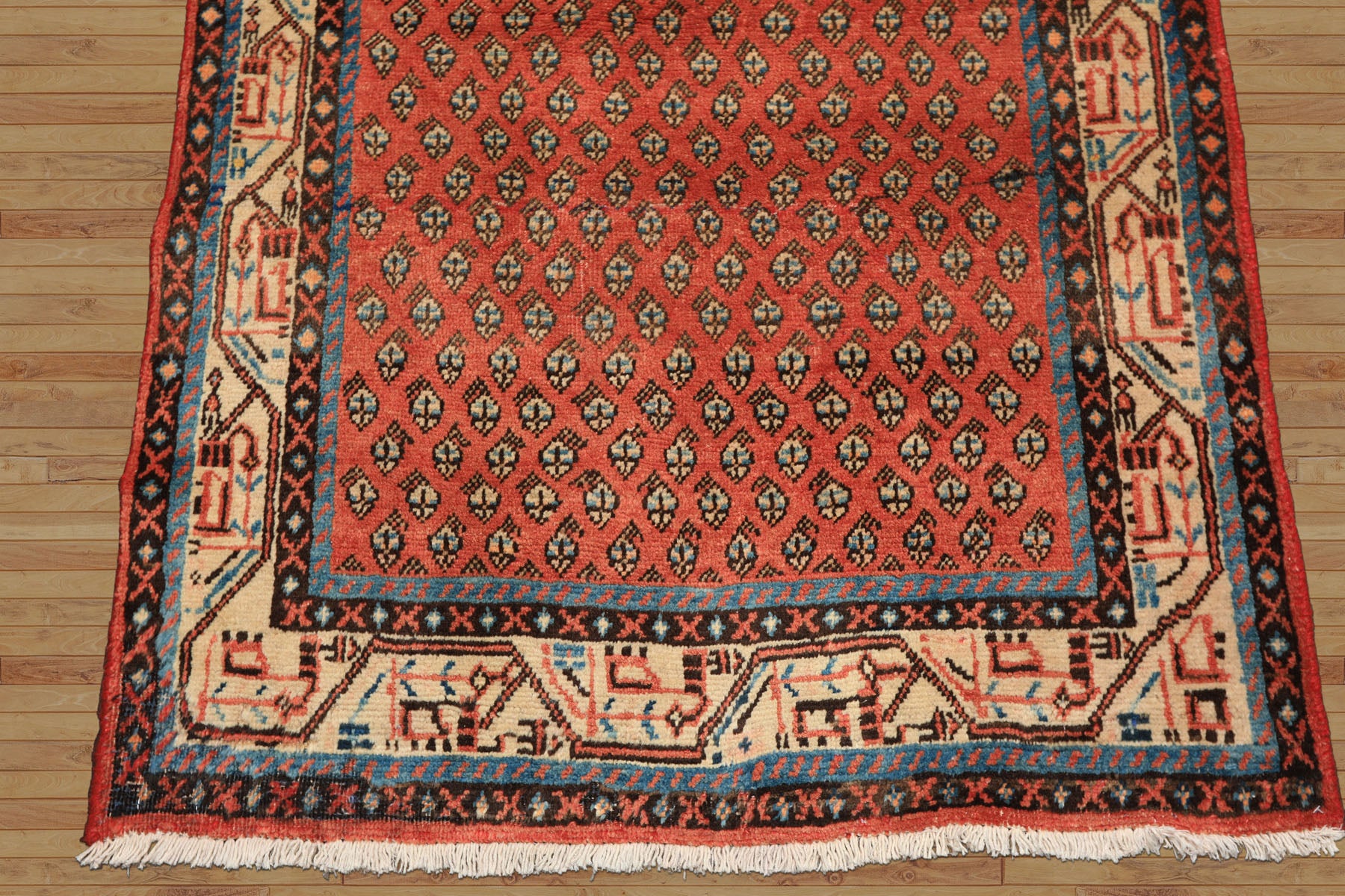 Runner Rust, Ivory, Blue Color Hand Knotted Vintage Gul Wool Traditional Oriental Rug
