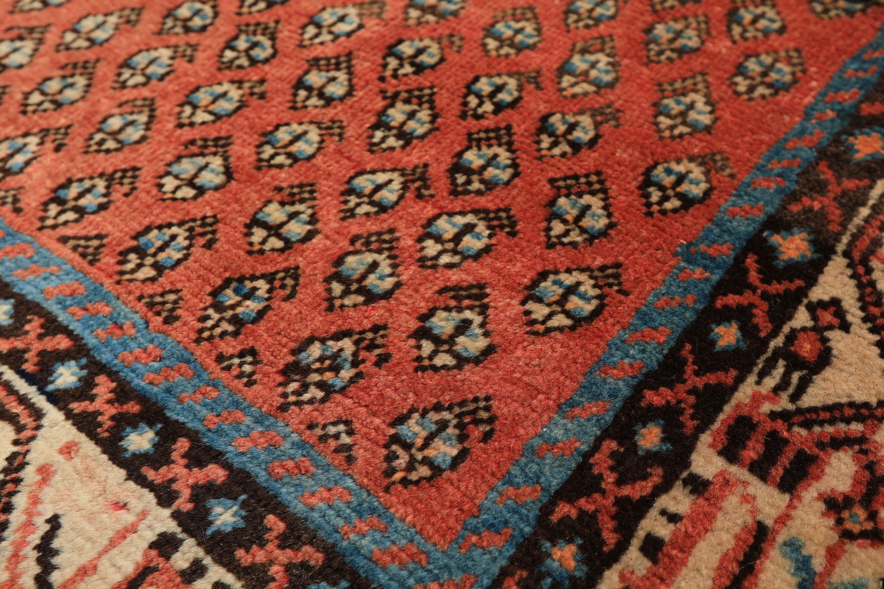 Runner Rust, Ivory, Blue Color Hand Knotted Vintage Gul Wool Traditional Oriental Rug