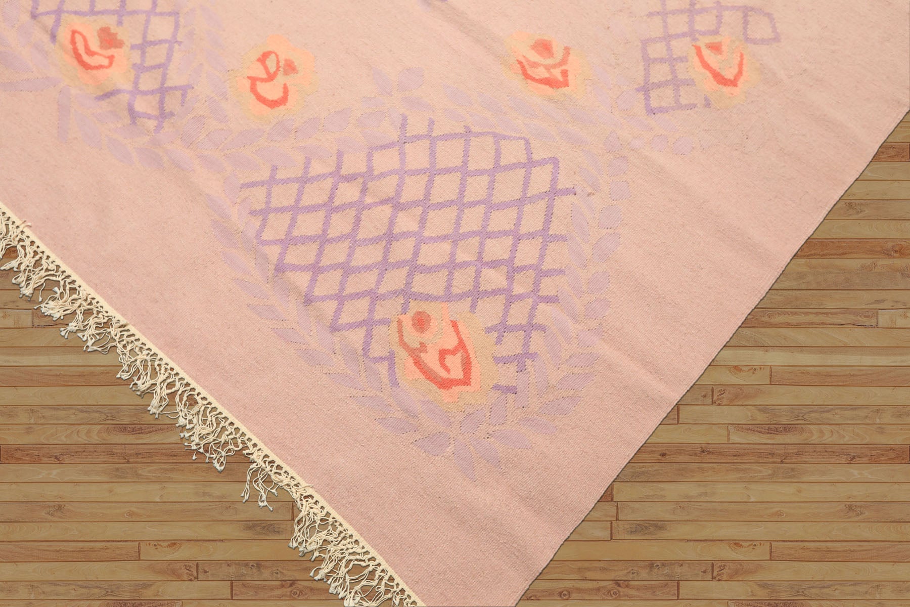9x12 Baby Pink, Lavender, Blush Color Hand Woven Dhurry Kilim Wool Transitional Oriental Rug
