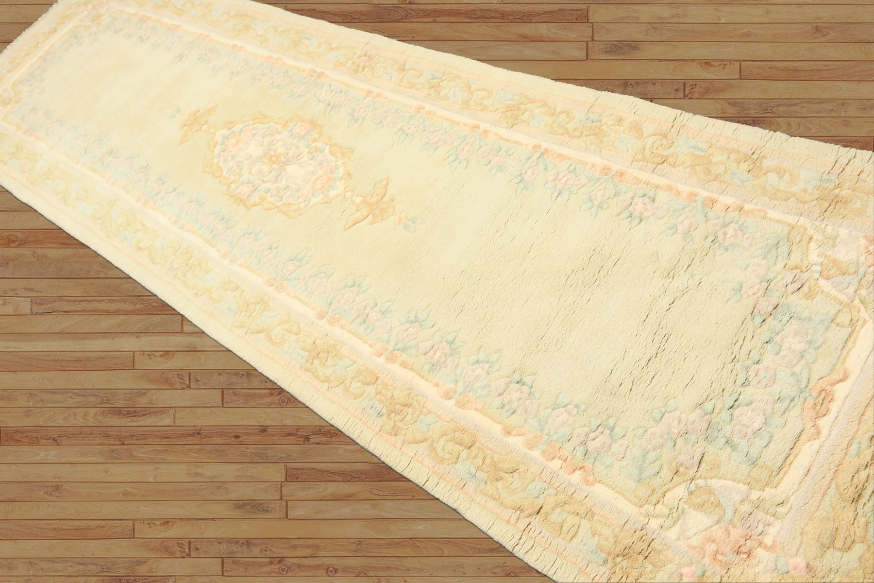 Runner Faded Mint, Aqua, Blush Color Hand Knotted French Aubusson savonnerie Wool Traditional Oriental Rug