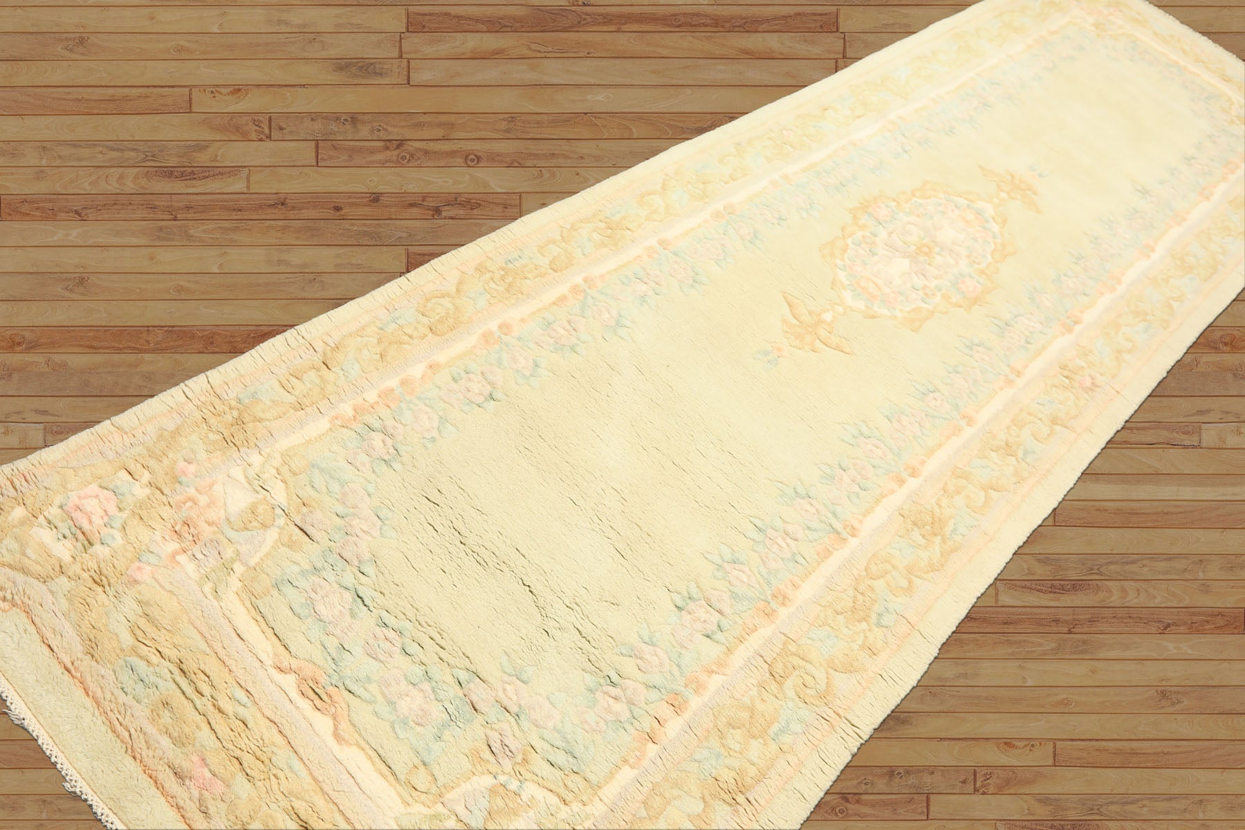 Runner Faded Mint, Aqua, Blush Color Hand Knotted French Aubusson savonnerie Wool Traditional Oriental Rug