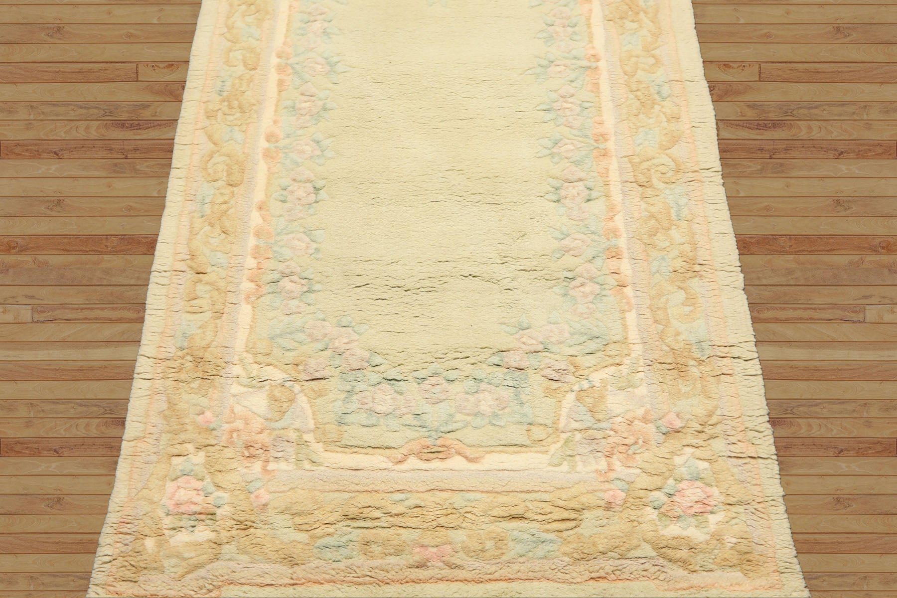 Runner Faded Mint, Aqua, Blush Color Hand Knotted French Aubusson savonnerie Wool Traditional Oriental Rug