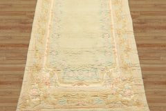 Runner Faded Mint, Aqua, Blush Color Hand Knotted French Aubusson savonnerie Wool Traditional Oriental Rug