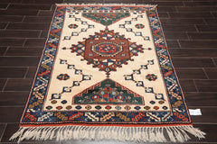 4x6 Ivory, Blue, Green Color Hand Knotted All-Over 100% Wool Kazak Oriental Rug