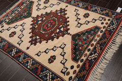 4x6 Ivory, Blue, Green Color Hand Knotted All-Over 100% Wool Kazak Oriental Rug