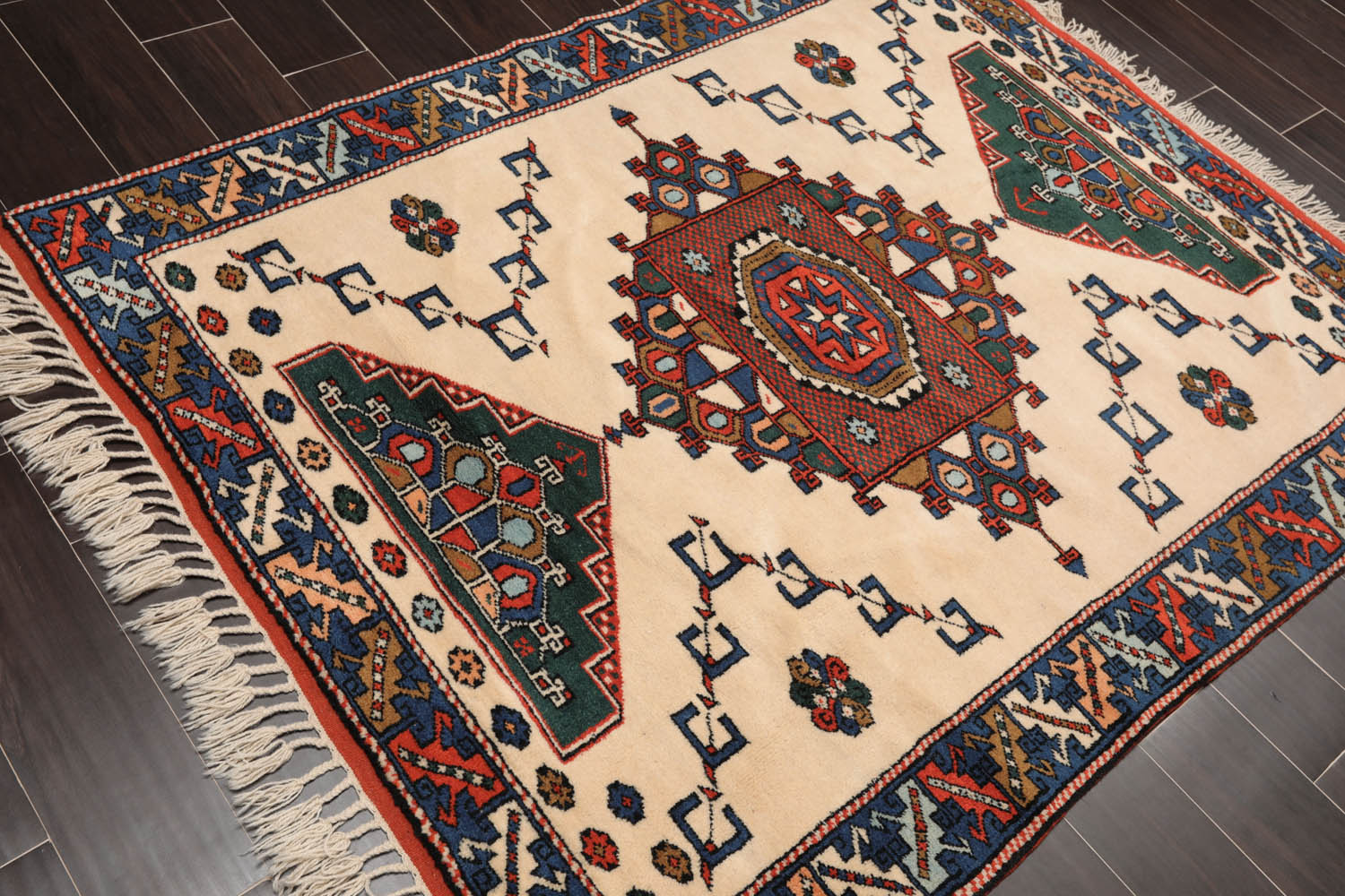 4x6 Ivory, Blue, Green Color Hand Knotted All-Over 100% Wool Kazak Oriental Rug