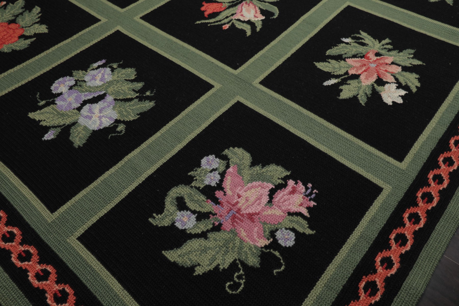 6x9 Black, Green, Rose Color Hand Woven Portugese Needlepoint Wool Traditional Oriental Rug