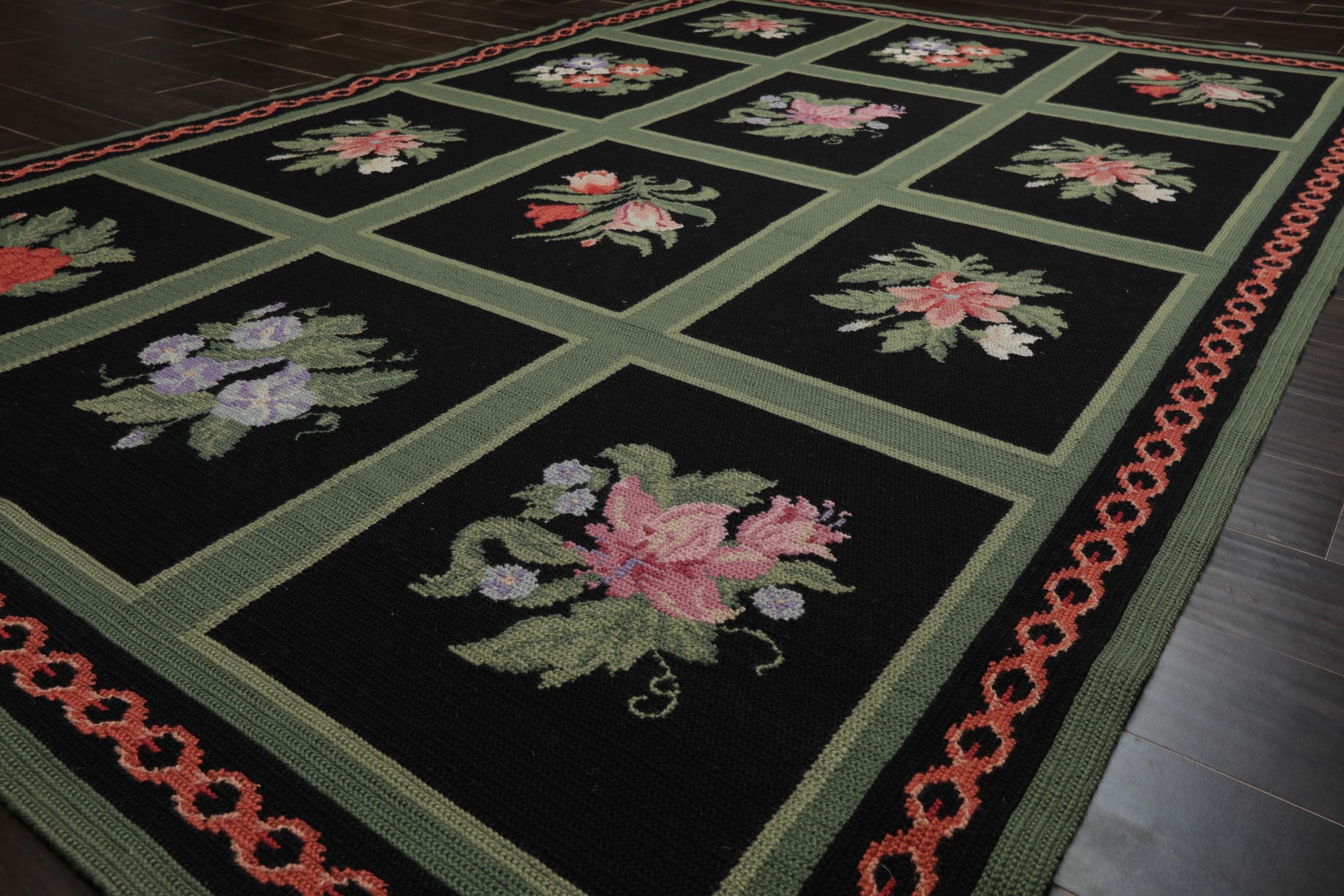 6x9 Black, Green, Rose Color Hand Woven Portugese Needlepoint Wool Traditional Oriental Rug