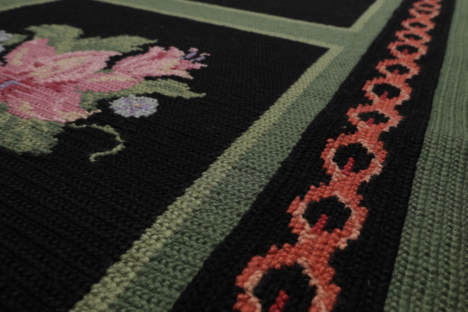 6x9 Black, Green, Rose Color Hand Woven Portugese Needlepoint Wool Traditional Oriental Rug