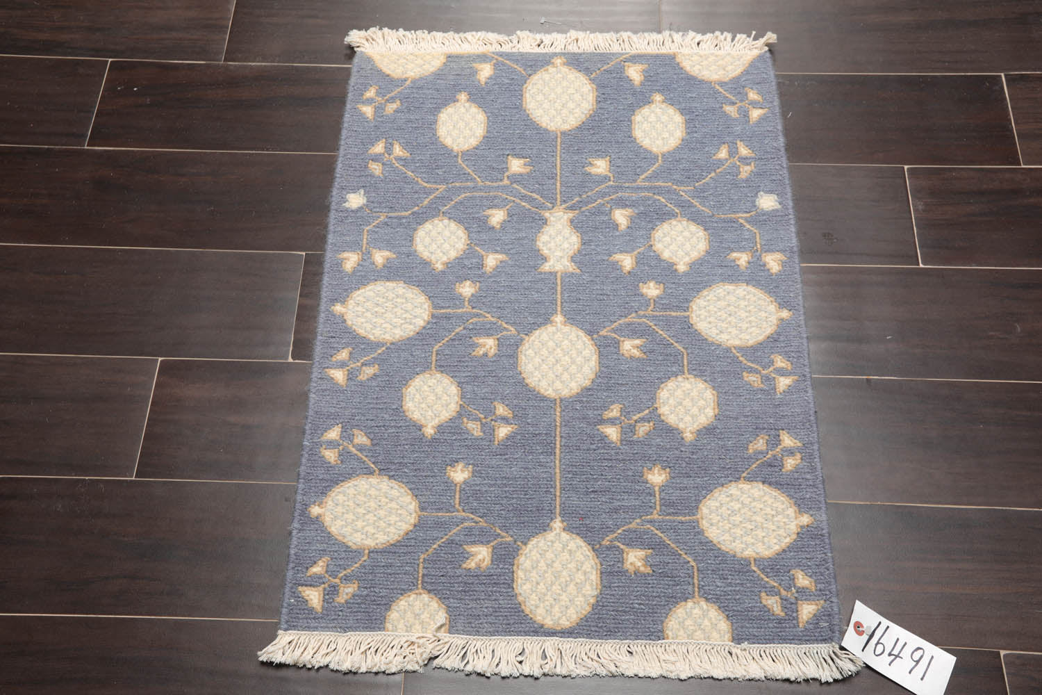 2x3 Blue, Ivory, Tan Color Hand Knotted All-Over 100% Wool Transitional Oriental Rug