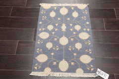 2x3 Blue, Ivory, Tan Color Hand Knotted All-Over 100% Wool Transitional Oriental Rug