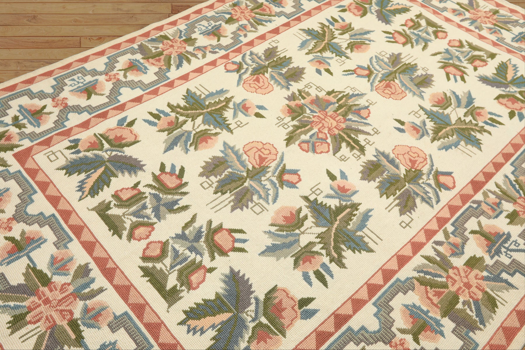6x9 Ivory, Blush, Rose Color Hand Woven Portugese Needlepoint Wool Transitional Oriental Rug