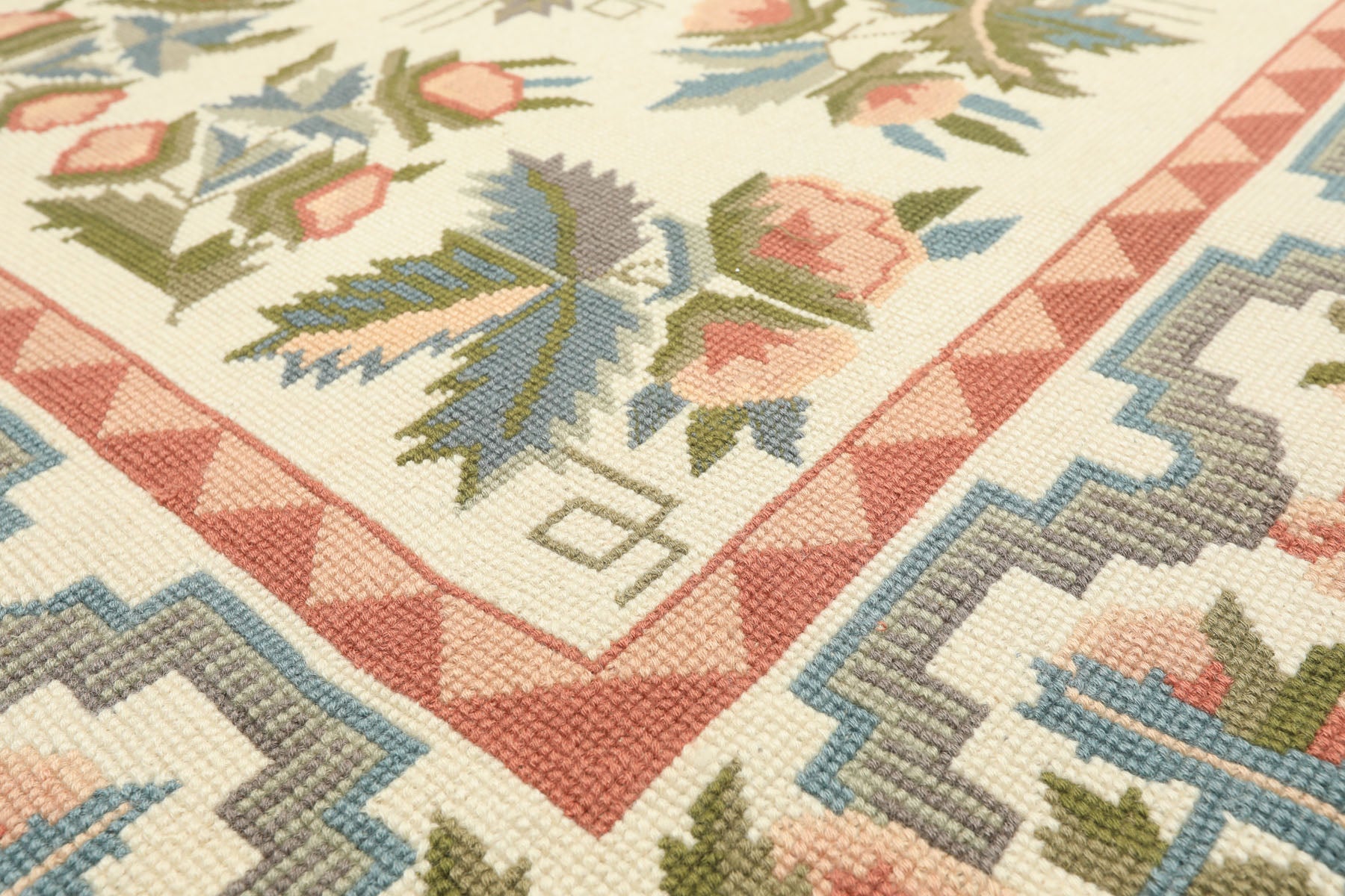 6x9 Ivory, Blush, Rose Color Hand Woven Portugese Needlepoint Wool Transitional Oriental Rug