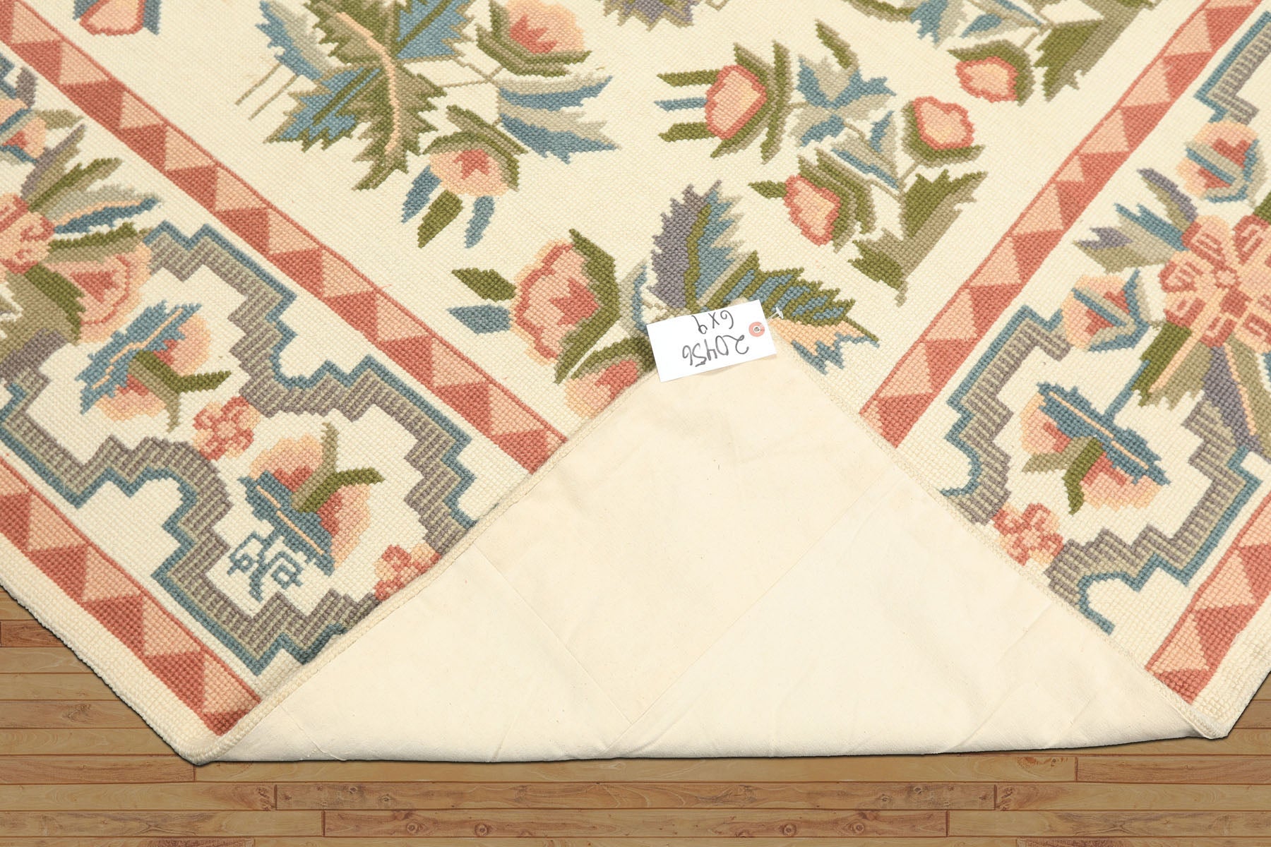 6x9 Ivory, Blush, Rose Color Hand Woven Portugese Needlepoint Wool Transitional Oriental Rug