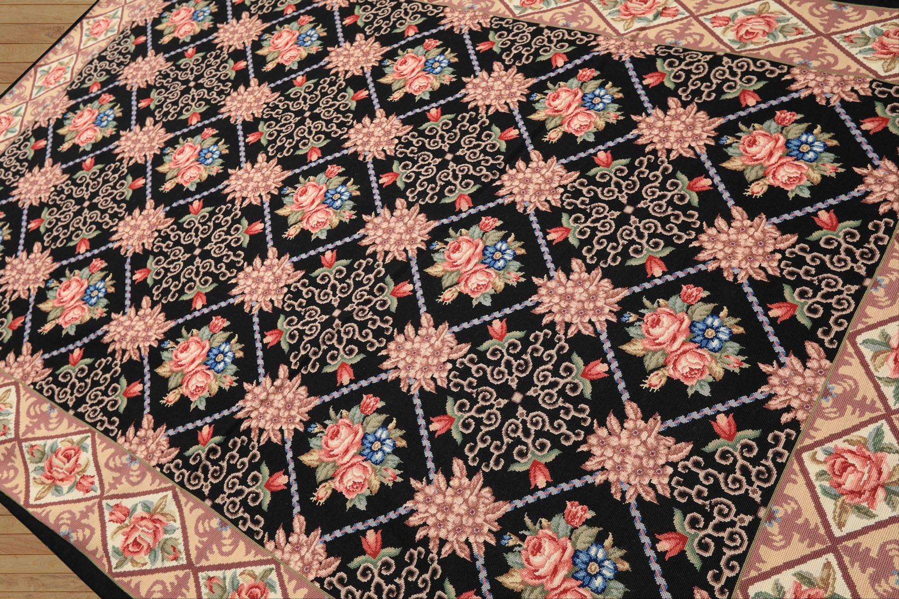 6x9 Black, Ivory, Green Color Hand Woven French Aubusson Needlepoint Wool Traditional Oriental Rug