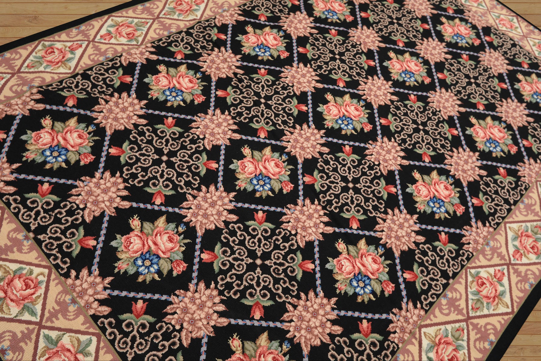 6x9 Black, Ivory, Green Color Hand Woven French Aubusson Needlepoint Wool Traditional Oriental Rug