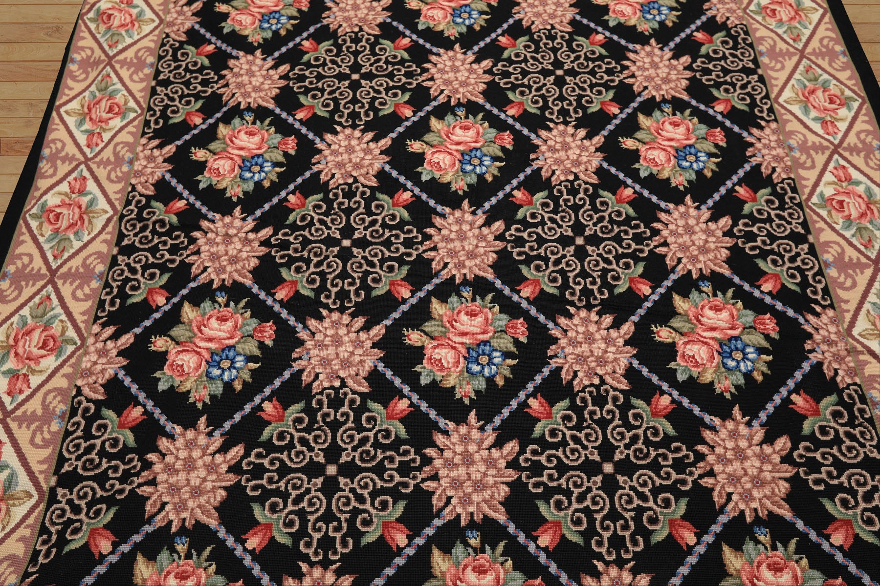 6x9 Black, Ivory, Green Color Hand Woven French Aubusson Needlepoint Wool Traditional Oriental Rug