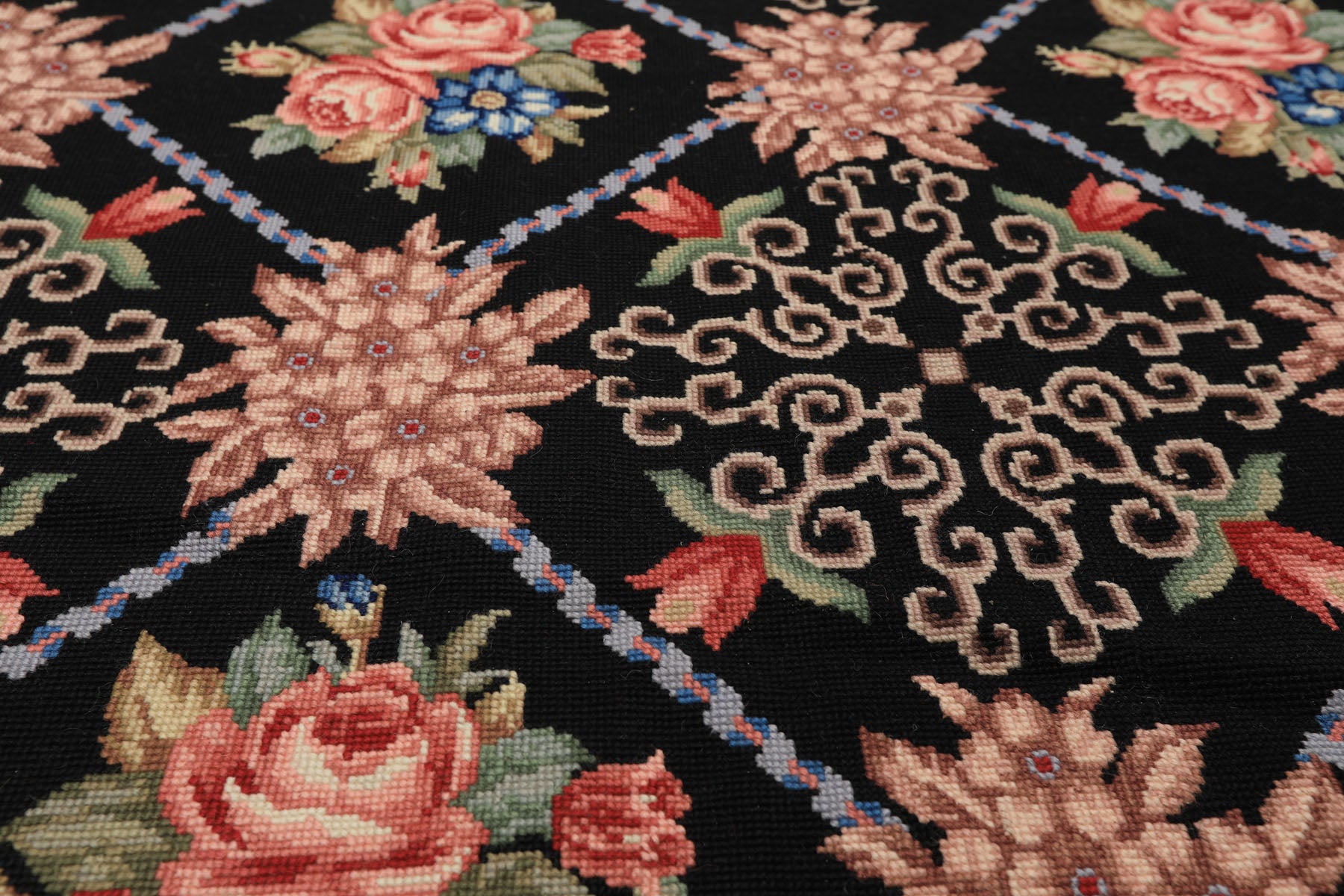 6x9 Black, Ivory, Green Color Hand Woven French Aubusson Needlepoint Wool Traditional Oriental Rug