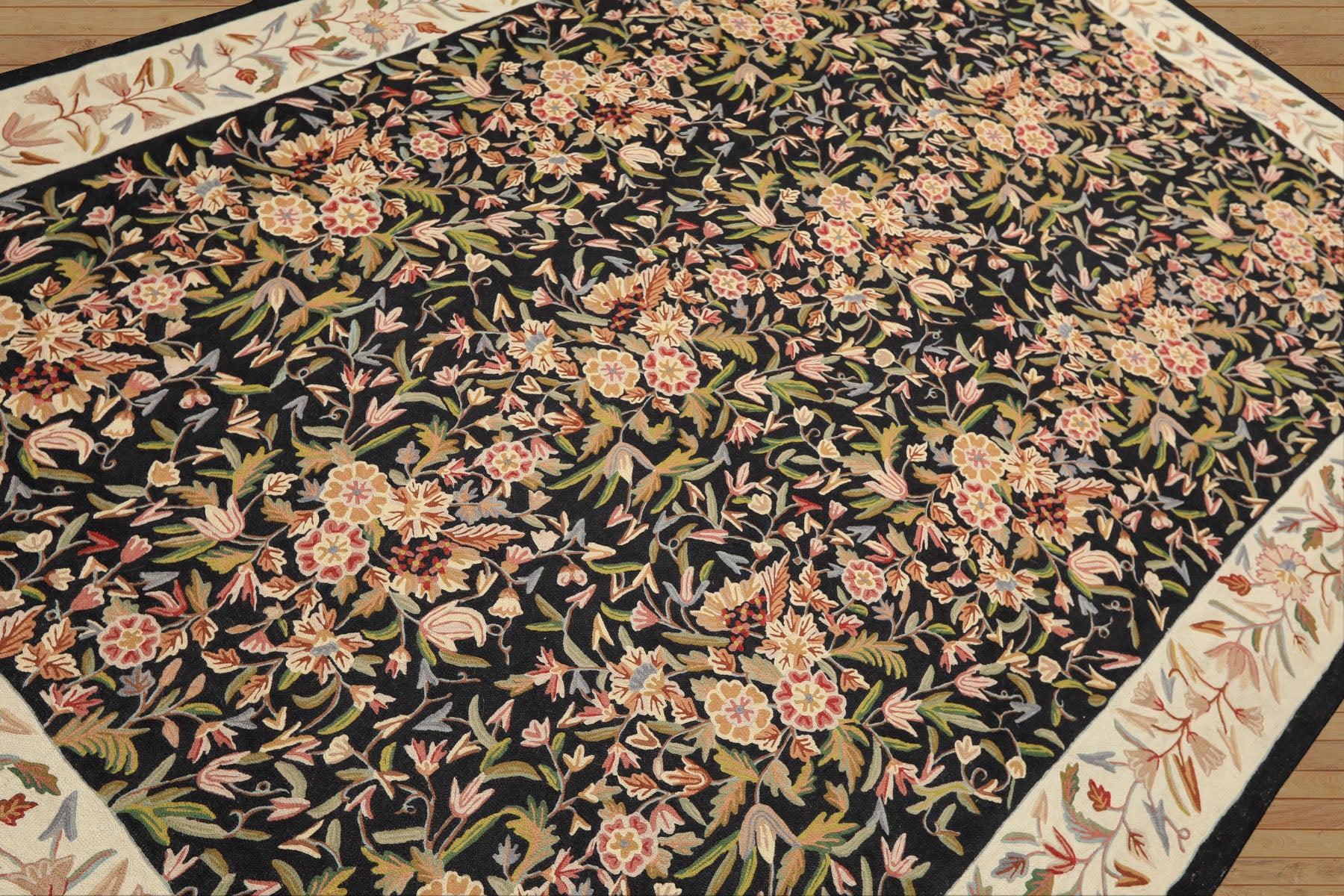 6x9 Black, Ivory, Tan Color Hand Woven Chainstitch Wool Transitional Oriental Rug