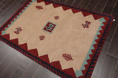 4x6 Beige, Burgundy, Navy Color Hand Knotted All-Over 100% Wool Traditional Oriental Rug