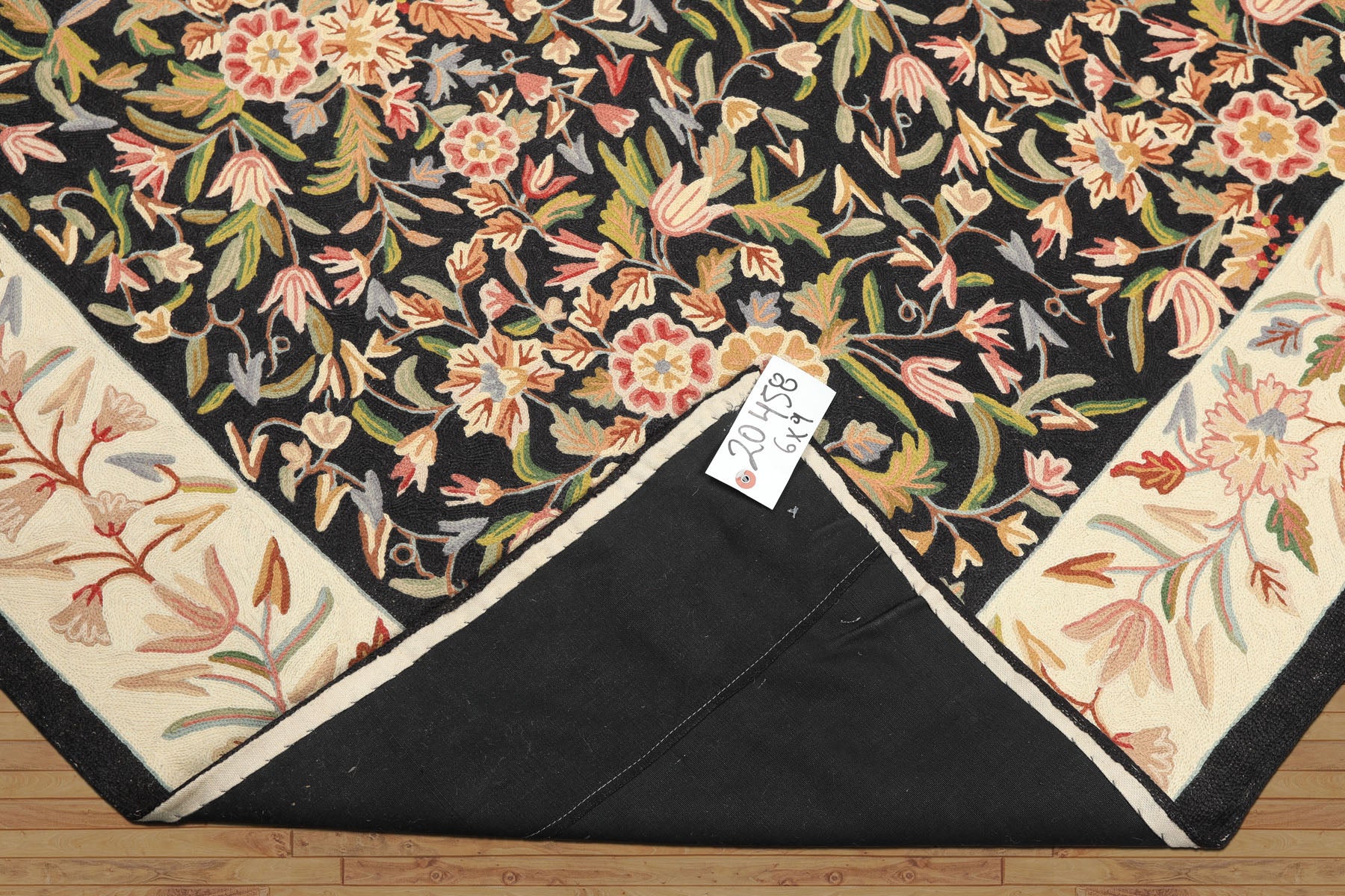 6x9 Black, Ivory, Tan Color Hand Woven Chainstitch Wool Transitional Oriental Rug