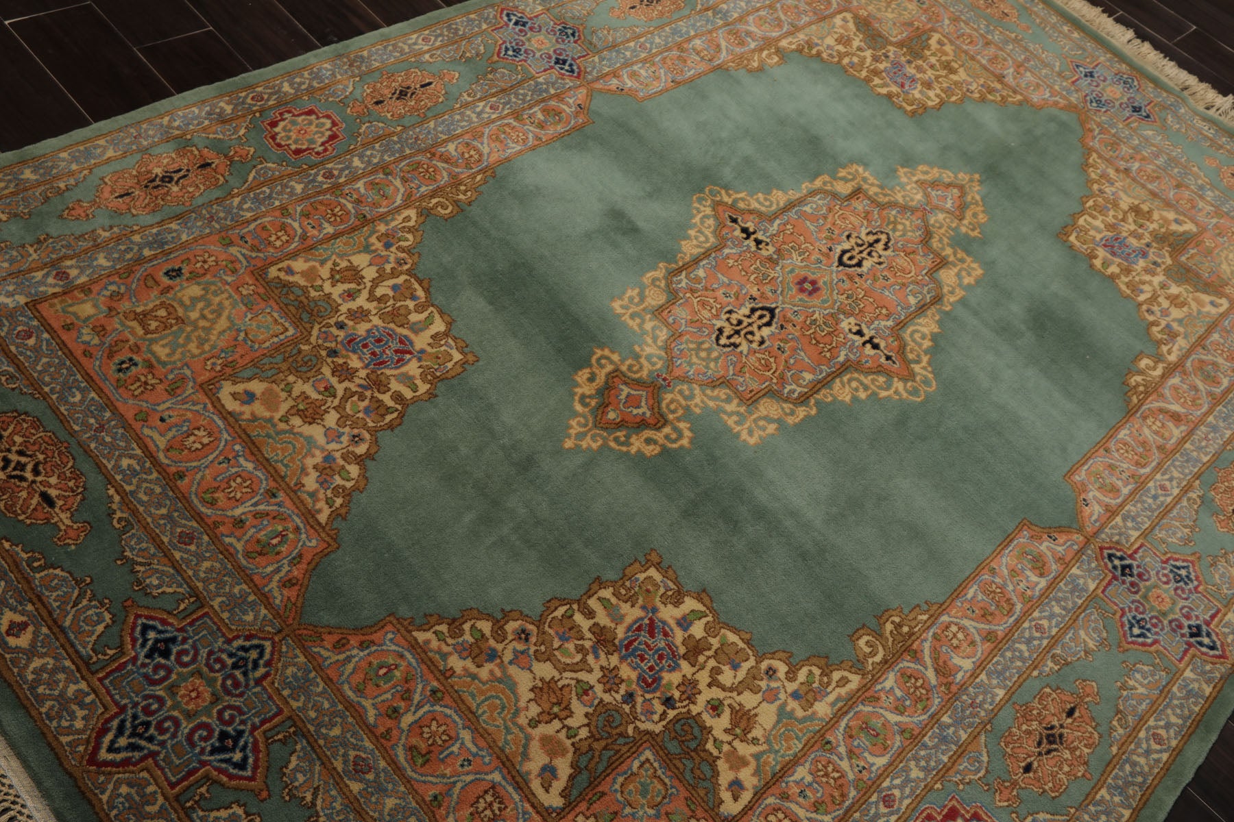 6x9 Aqua, Peach, Beige Color Hand Knotted Kerman Wool Traditional Oriental Rug