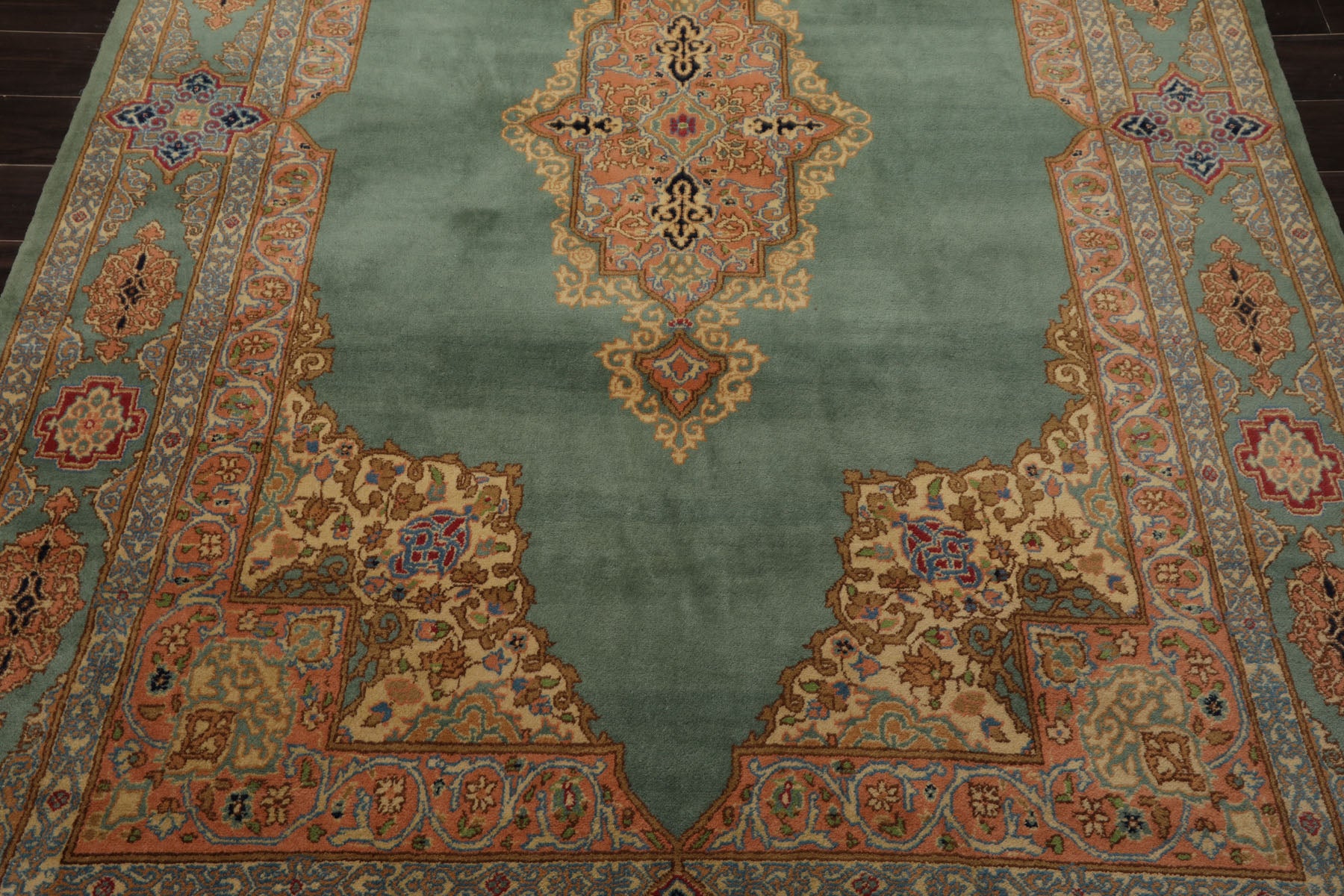 6x9 Aqua, Peach, Beige Color Hand Knotted Kerman Wool Traditional Oriental Rug