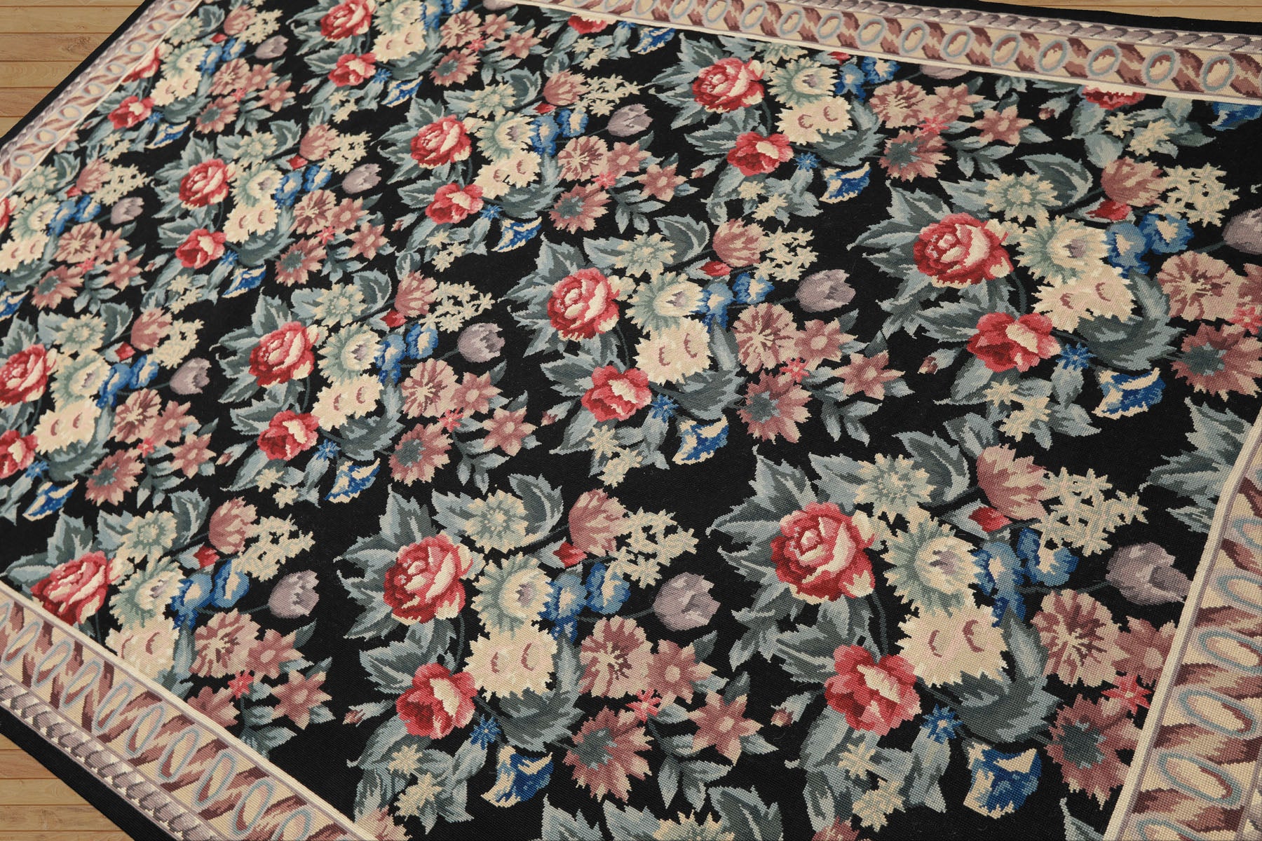 6x9 Black, Ivory, Rose Color Hand Woven French Aubusson Needlepoint Wool Traditional Oriental Rug