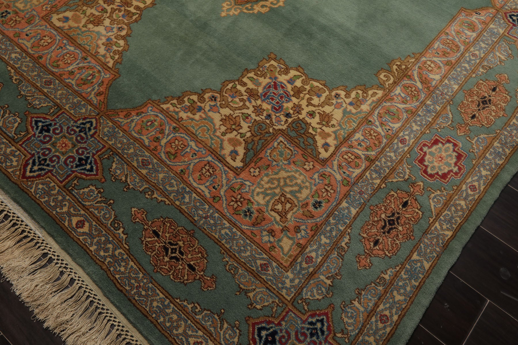 6x9 Aqua, Peach, Beige Color Hand Knotted Kerman Wool Traditional Oriental Rug