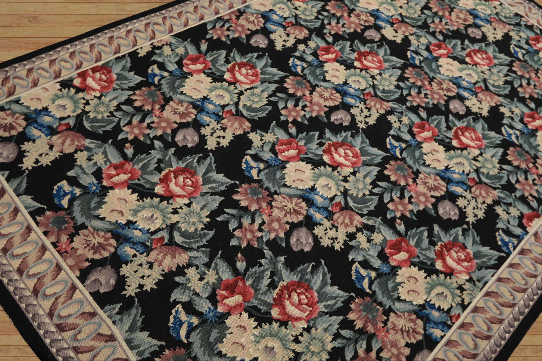 6x9 Black, Ivory, Rose Color Hand Woven French Aubusson Needlepoint Wool Traditional Oriental Rug