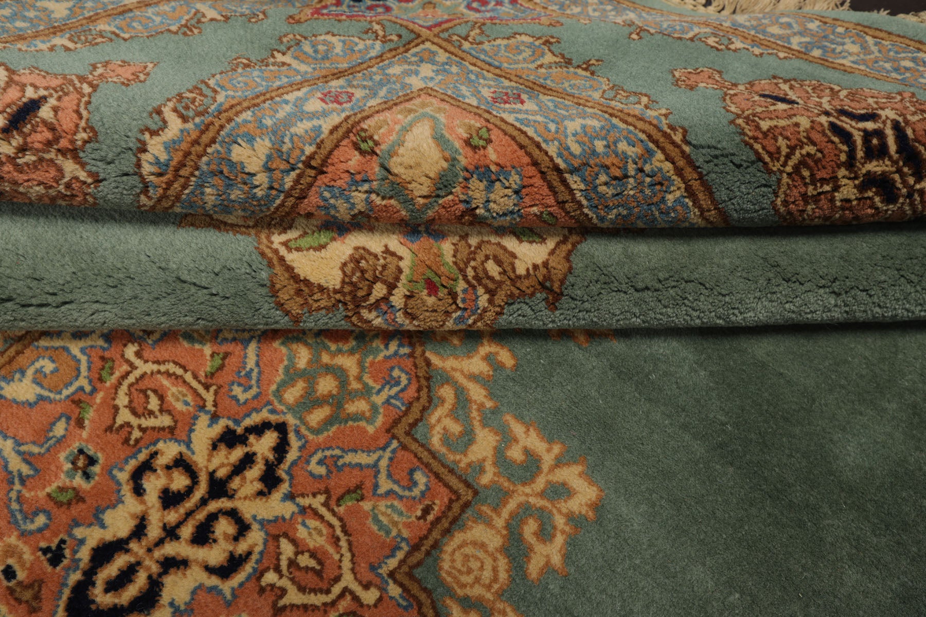 6x9 Aqua, Peach, Beige Color Hand Knotted Kerman Wool Traditional Oriental Rug