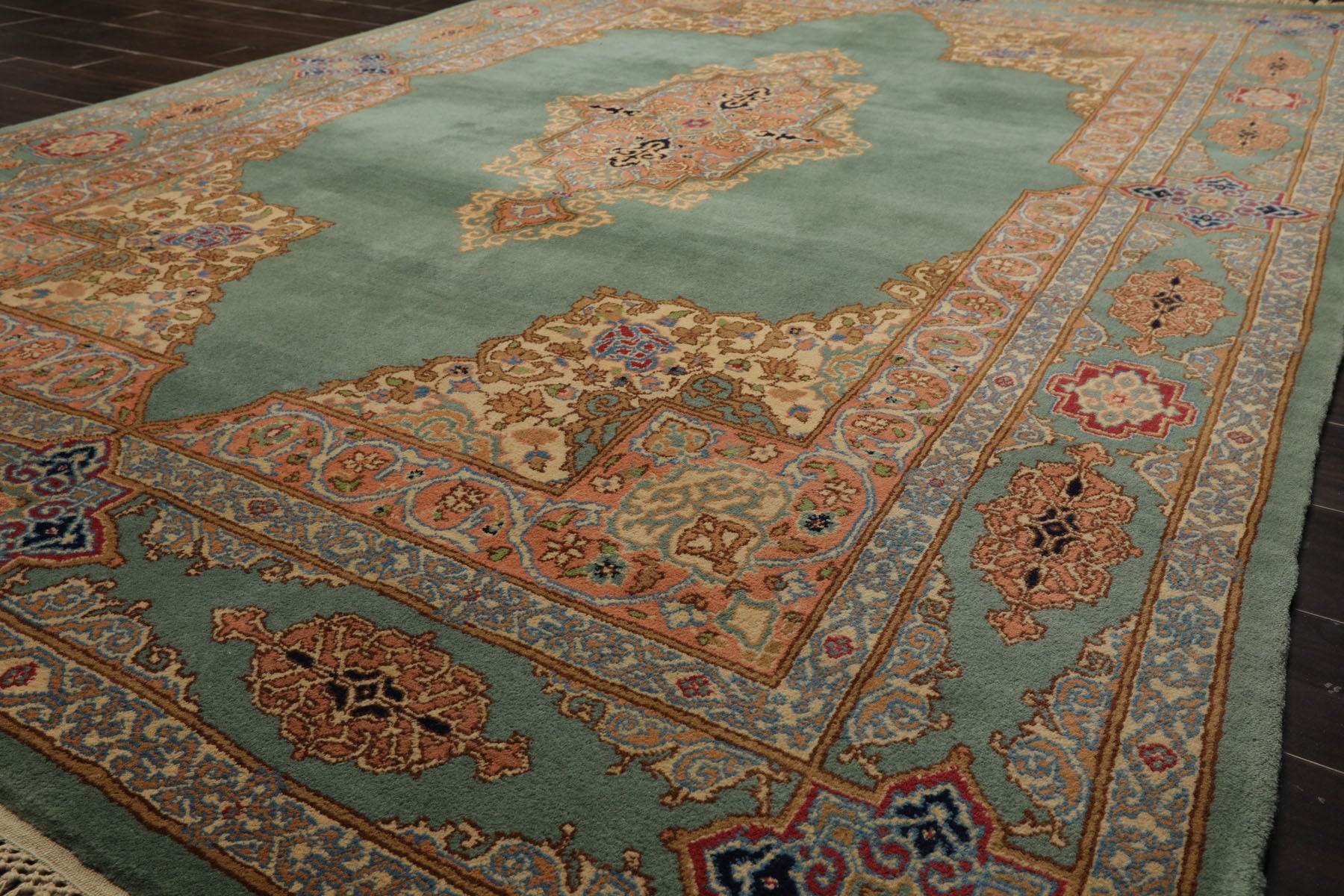 6x9 Aqua, Peach, Beige Color Hand Knotted Kerman Wool Traditional Oriental Rug