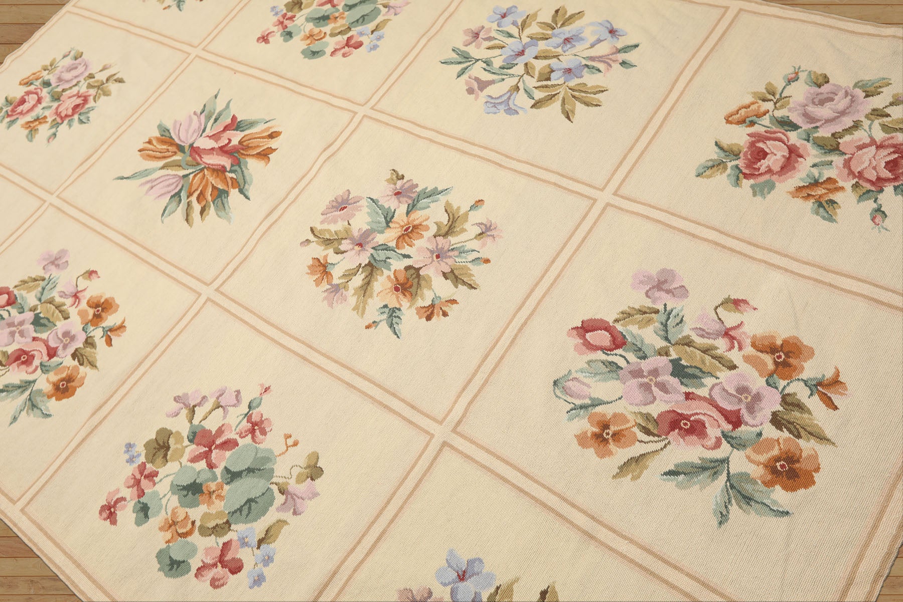 6x9 Ivory, Pink, Lavender Color Hand Woven French Aubusson Needlepoint Wool Traditional Oriental Rug