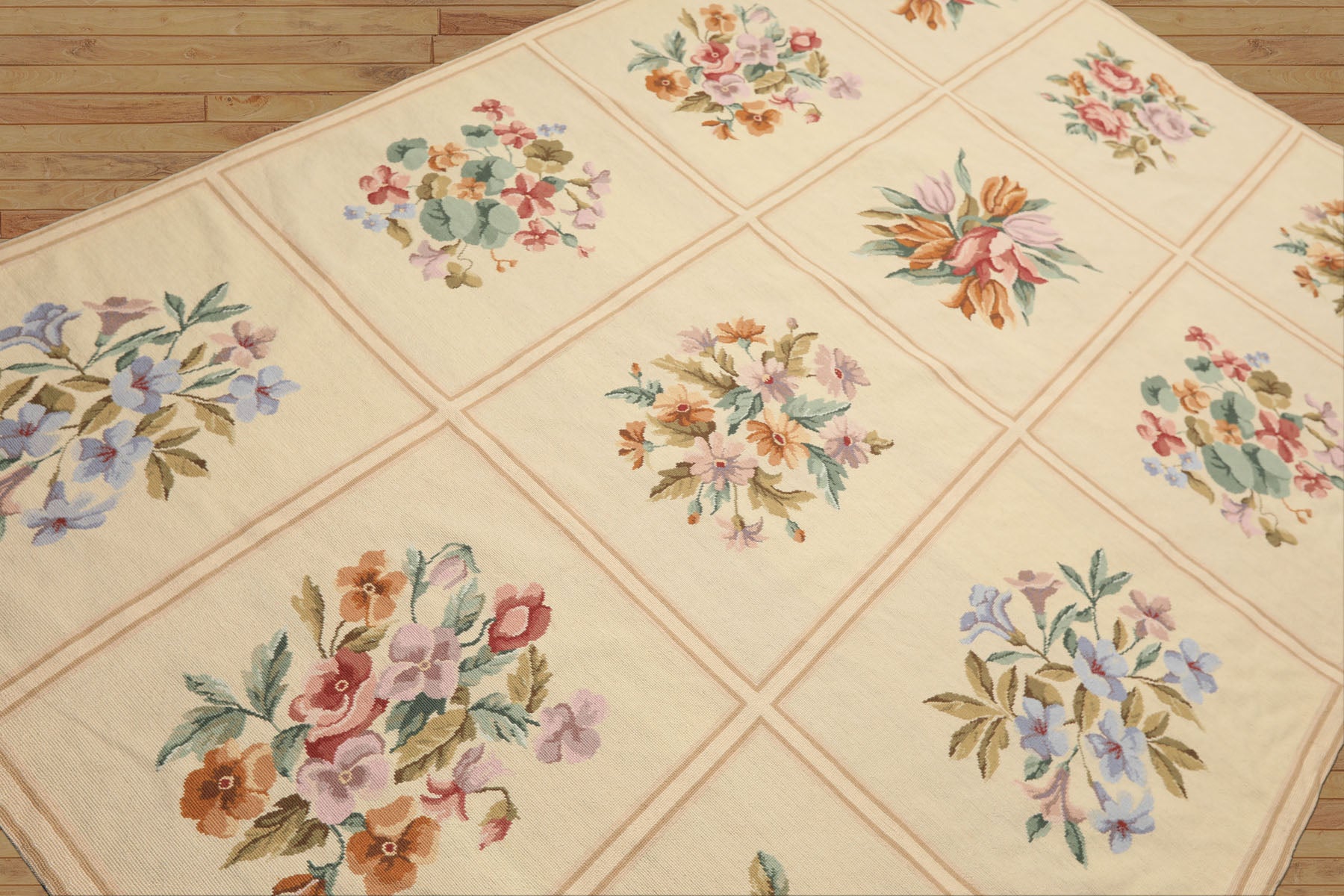 6x9 Ivory, Pink, Lavender Color Hand Woven French Aubusson Needlepoint Wool Traditional Oriental Rug