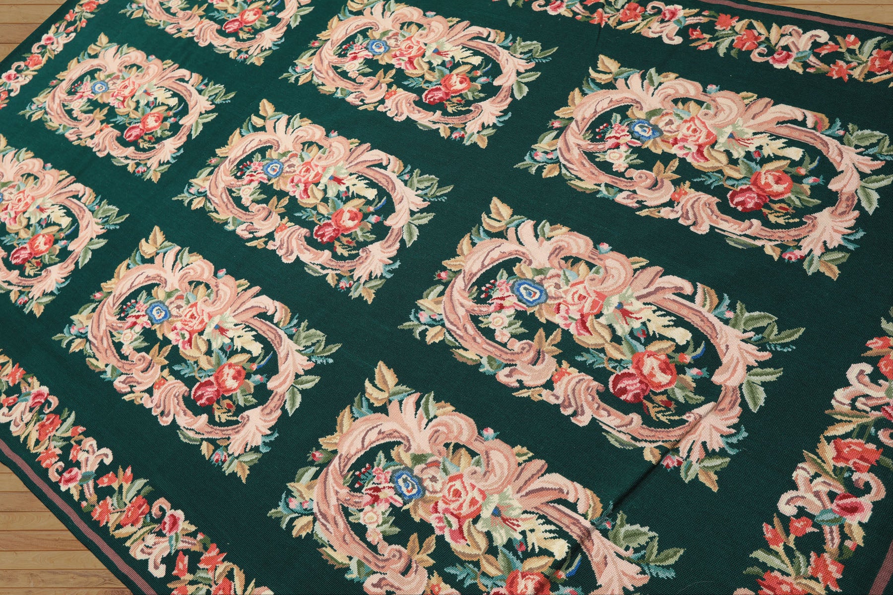 6x9 Emerald, Ivory, Pink Color Hand Woven French Aubusson Needlepoint Wool Traditional Oriental Rug