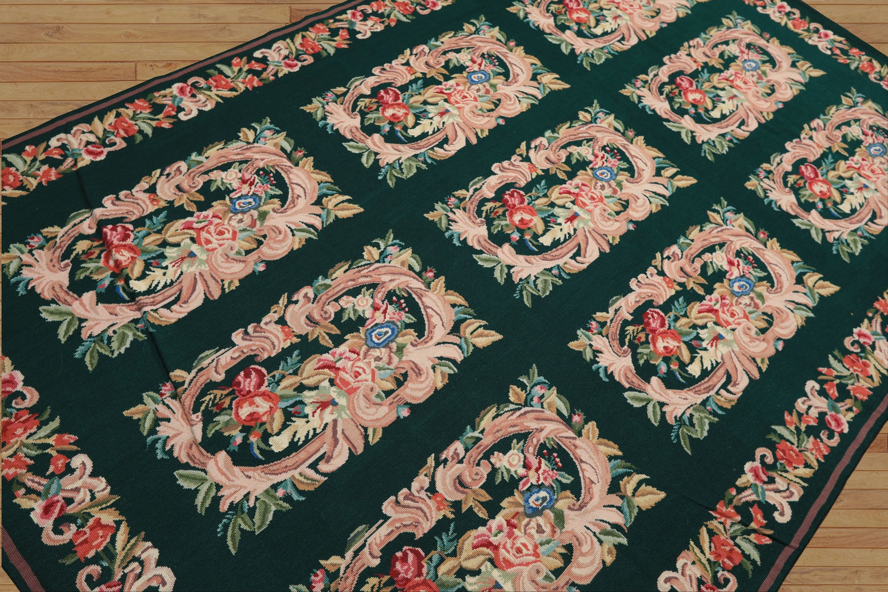 6x9 Emerald, Ivory, Pink Color Hand Woven French Aubusson Needlepoint Wool Traditional Oriental Rug