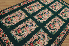 6x9 Emerald, Ivory, Pink Color Hand Woven French Aubusson Needlepoint Wool Traditional Oriental Rug